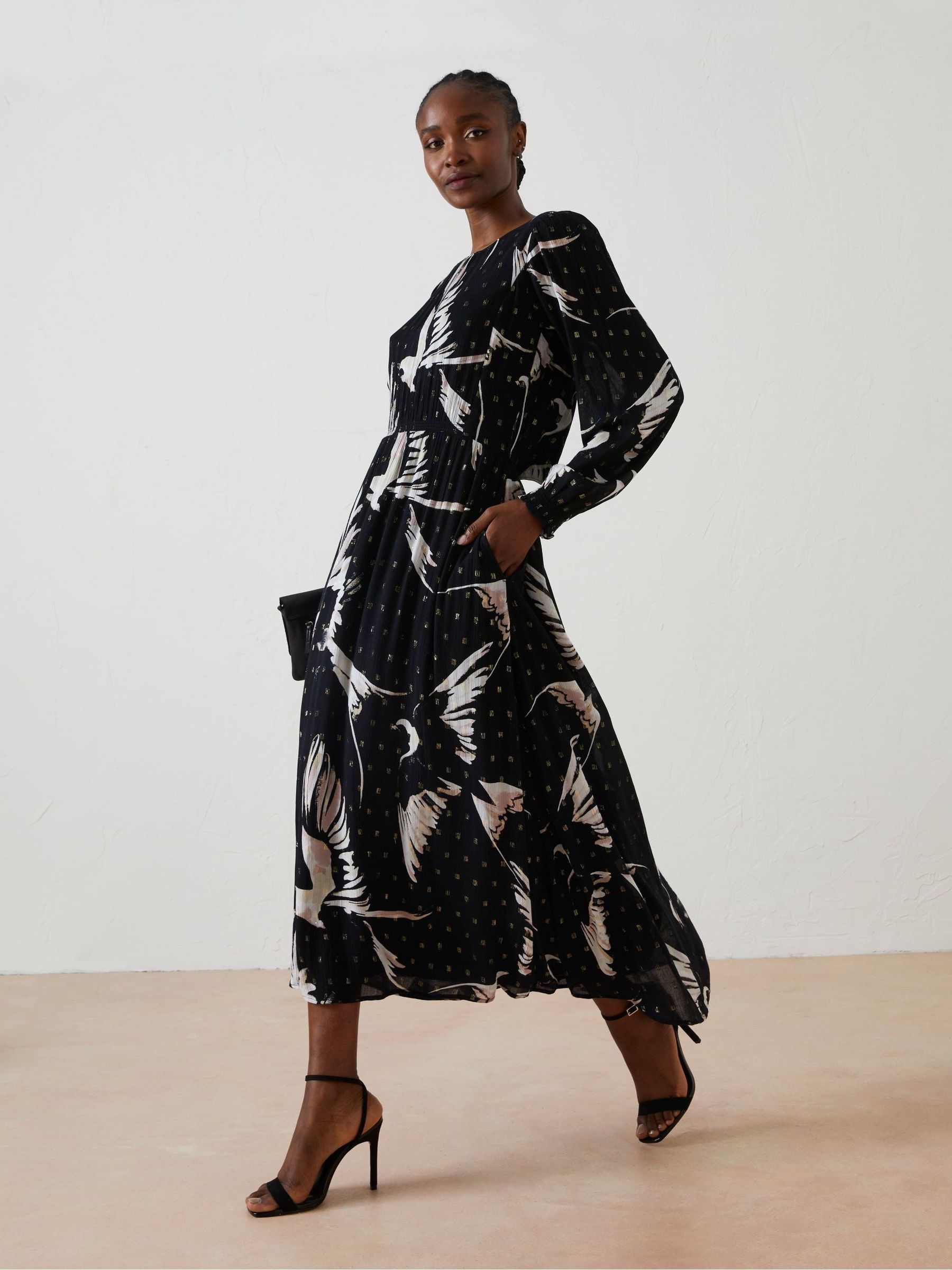 Black Elaine Swallow Print Midi Dress - Image 1 of 6