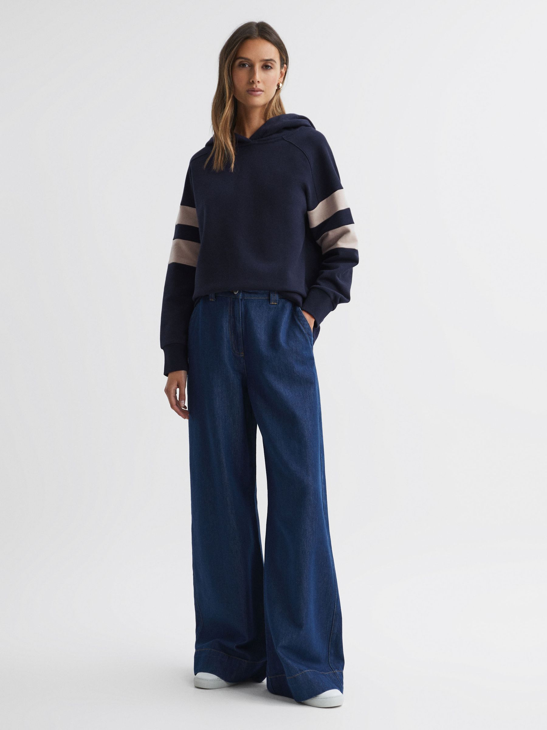 Cotton Blend Striped Hoodie in Navy/Stone - Image 3 of 5