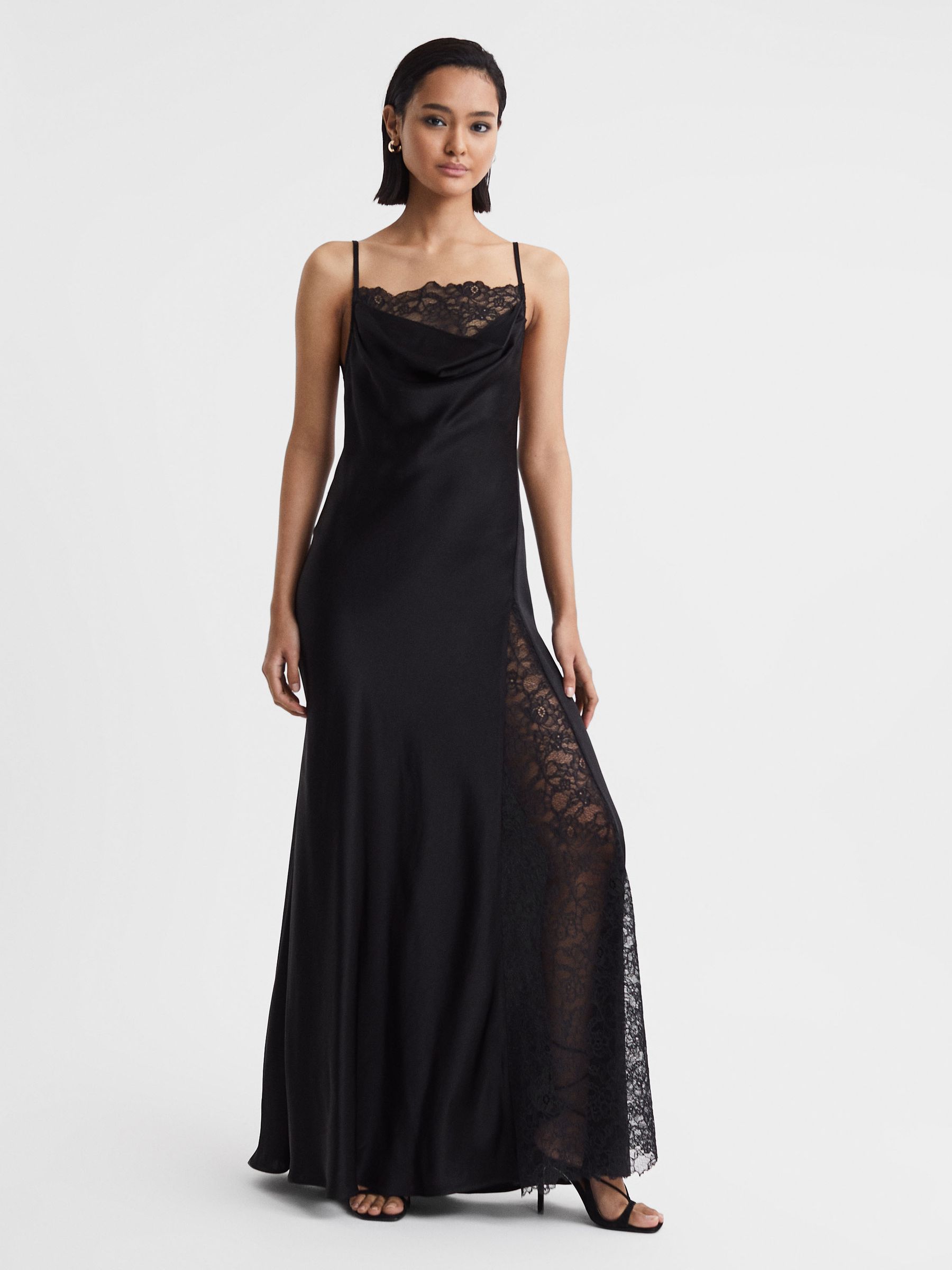Anna Quan Satin Lace Cowl Neck Maxi Dress in Black - Image 1 of 5