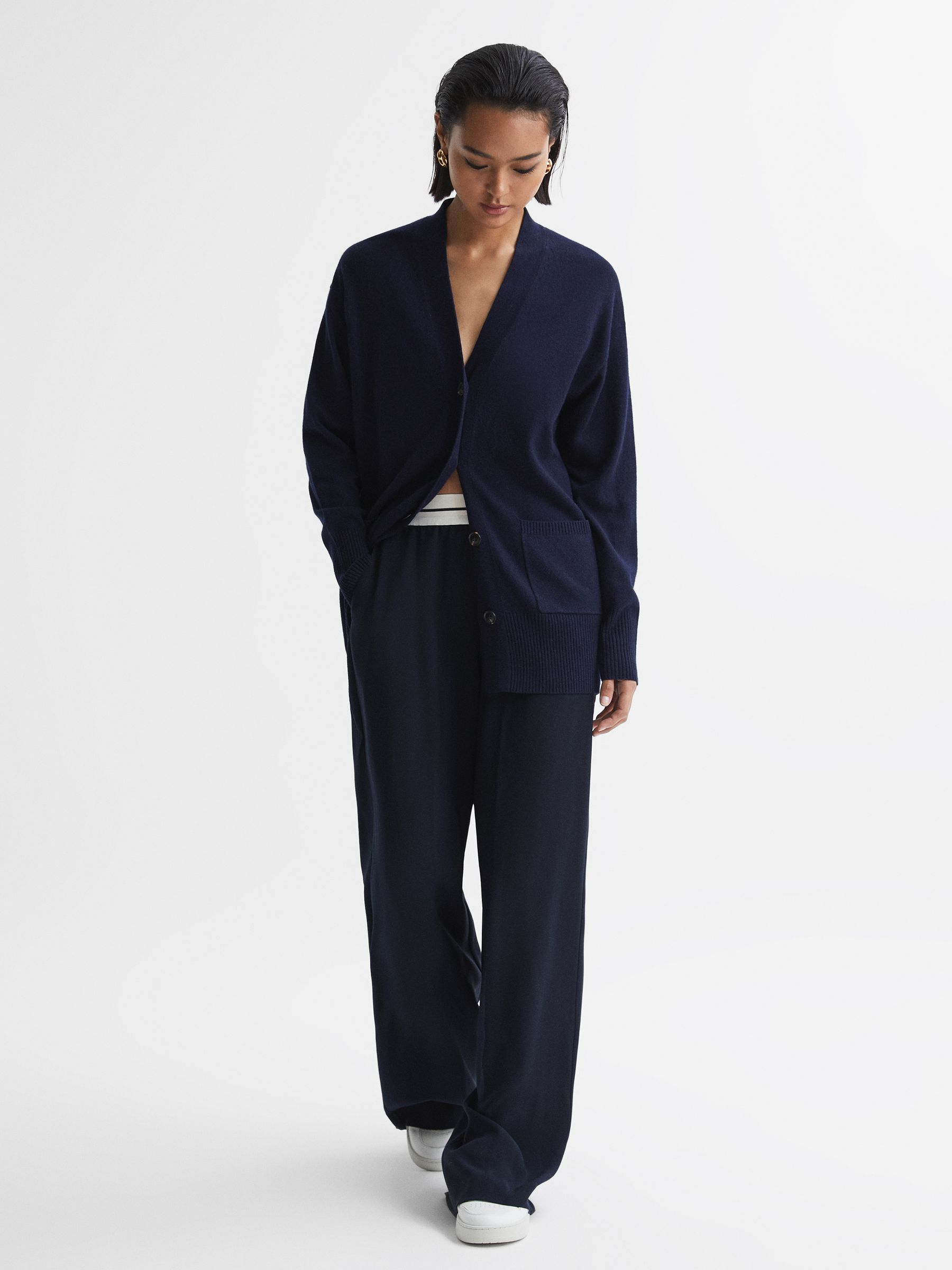 Petite Wide Leg Elasticated Trousers in Navy - Image 1 of 7