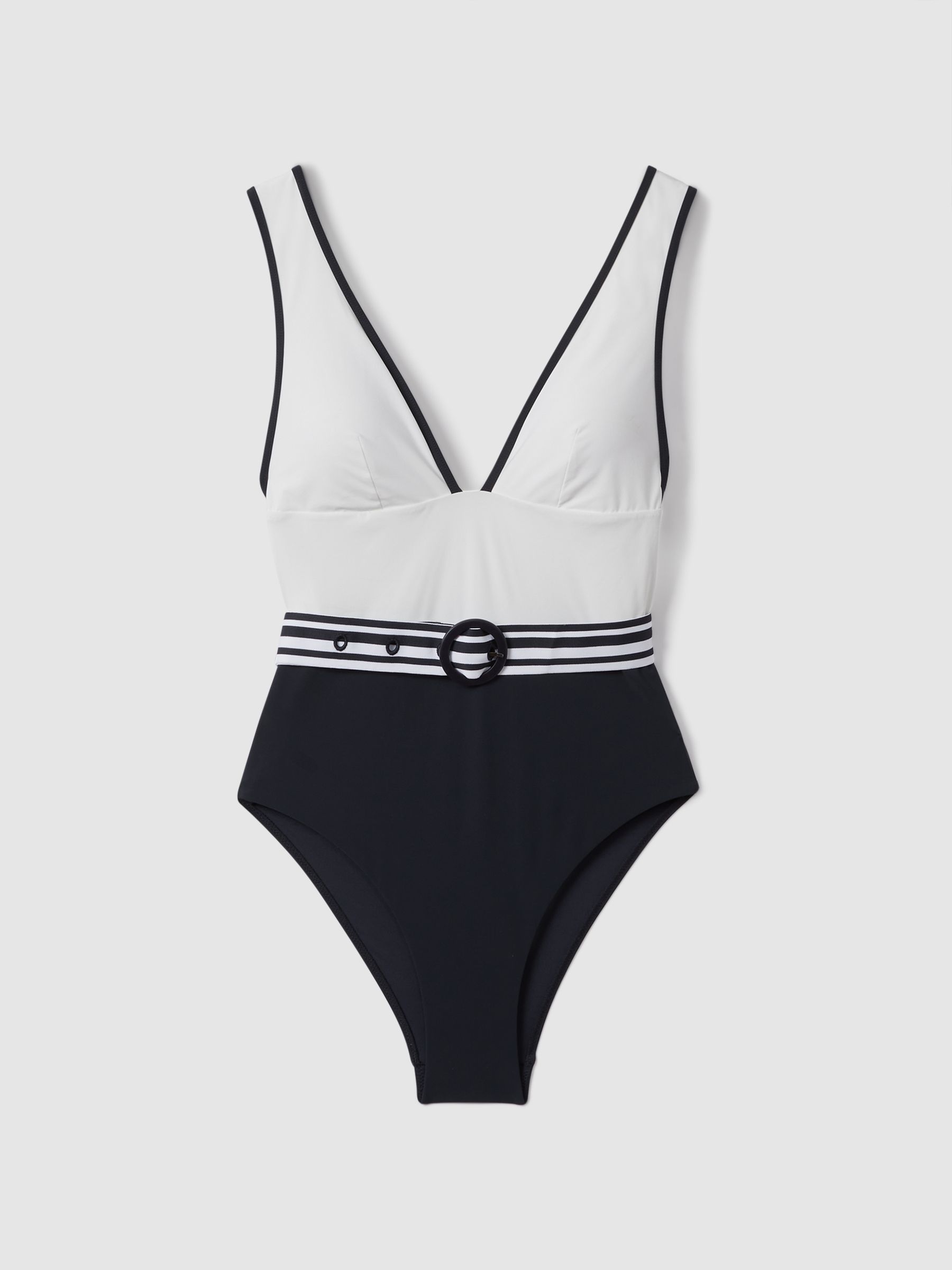 Colourblock Belted Swimsuit in White/Navy - Image 8 of 8