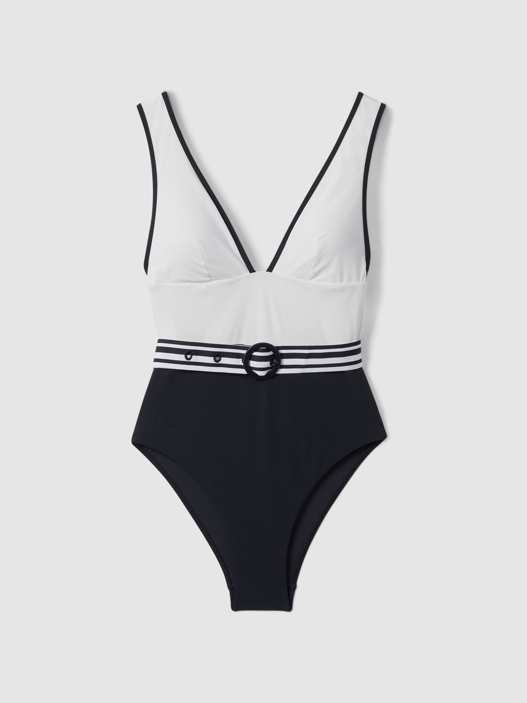Colourblock Belted Swimsuit in White/Navy - Image 2 of 5