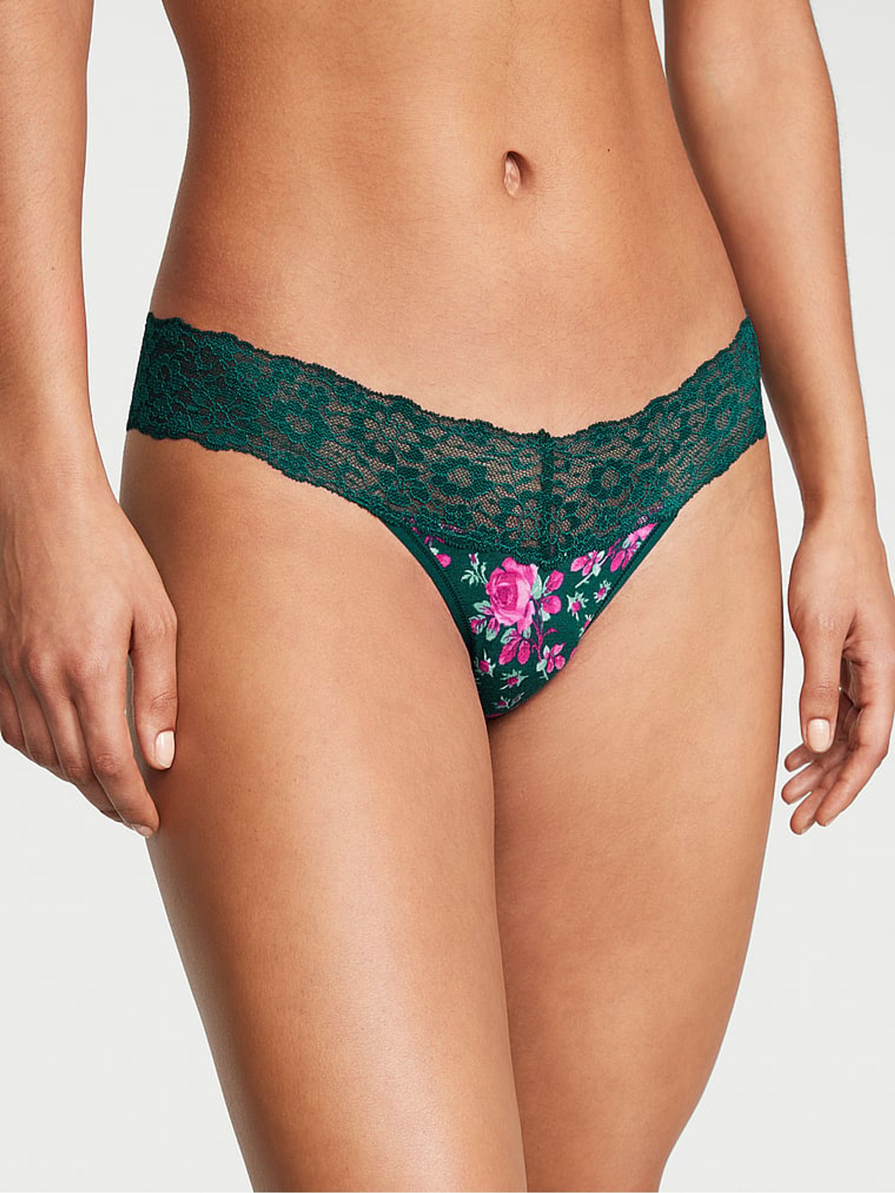 Black Ivy Green Moody Roses Posey Lace Waist Thong Knickers - Image 3 of 3
