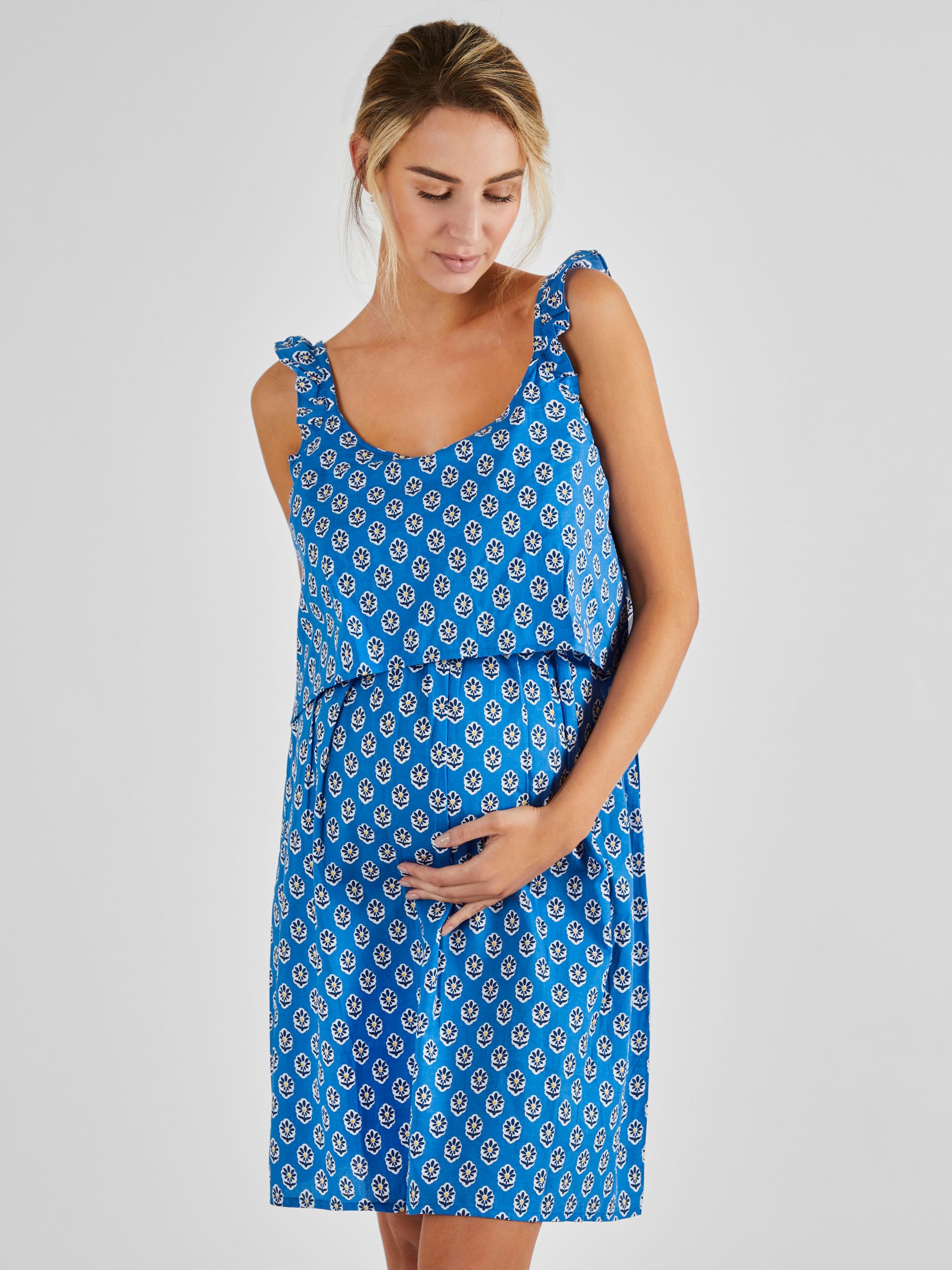 Blue Batik Flutter Sleeve Maternity & Nursing Nightdress - Image 1 of 4