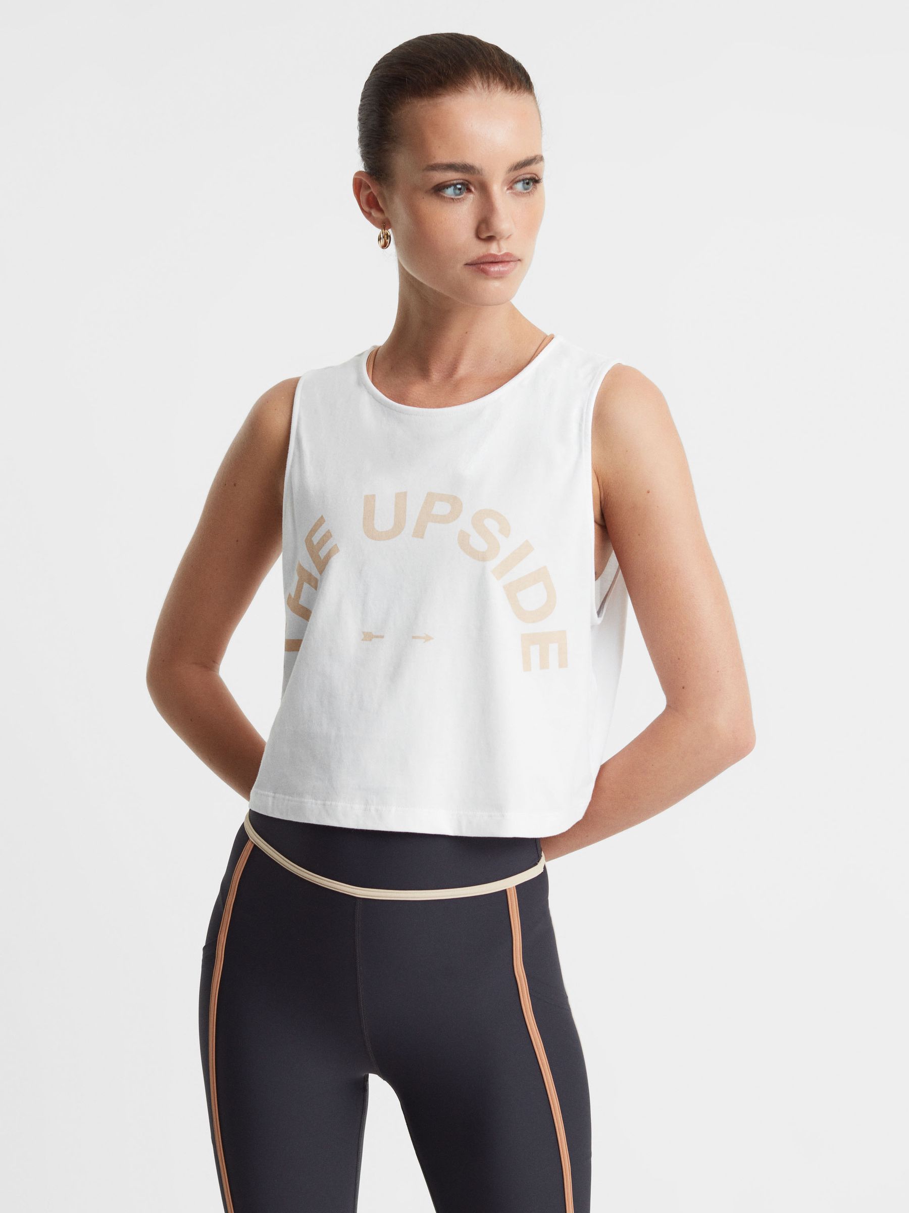 The Upside Sleeveless Crew Neck Cropped Vest in White - Image 1 of 4 The Upside Sleeveless Crew Neck Cropped Vest in White - Image 1 of 4