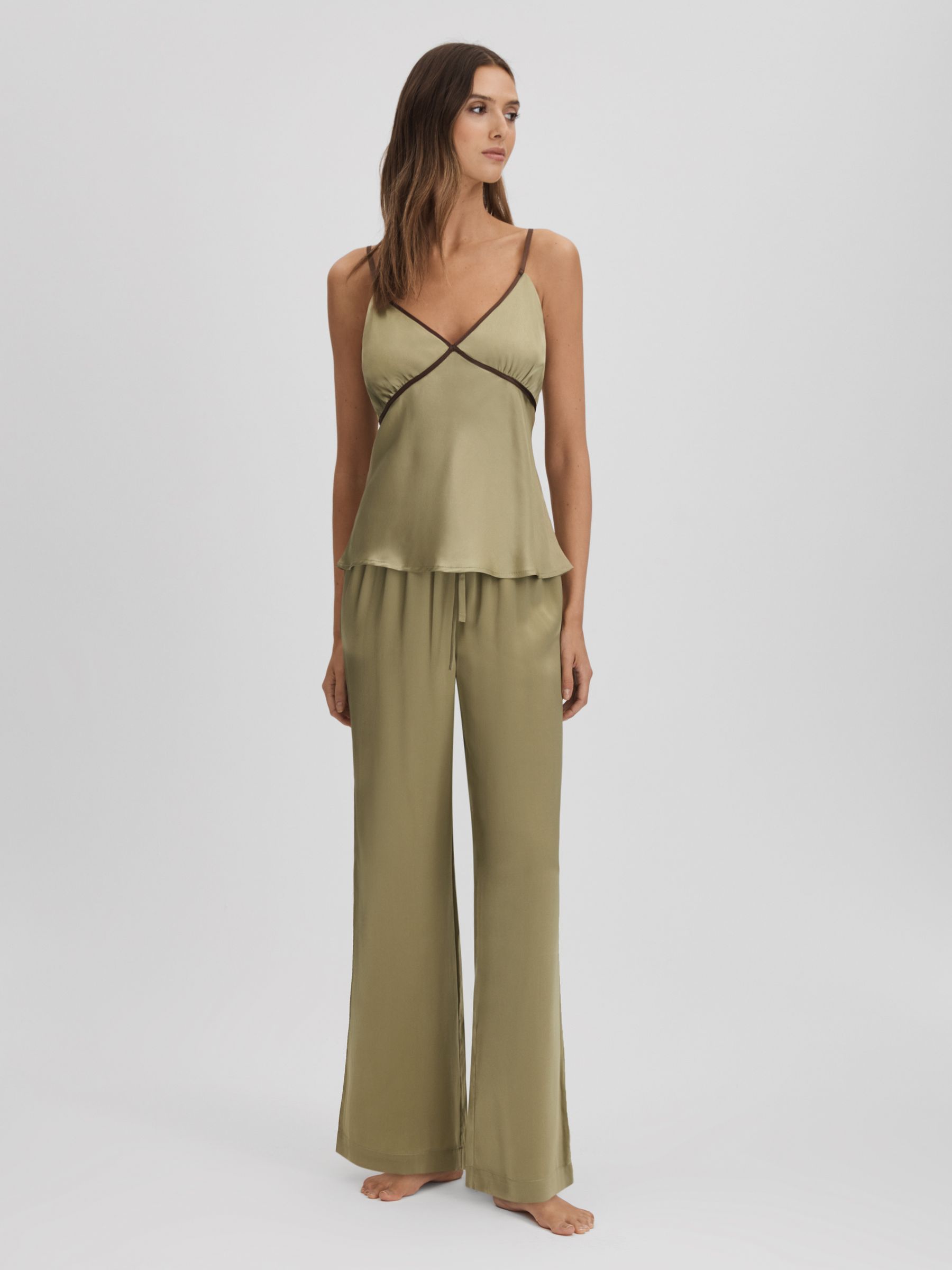Maison Essentiele Silk Contrast Trim Cami in Olive - Image 3 of 6