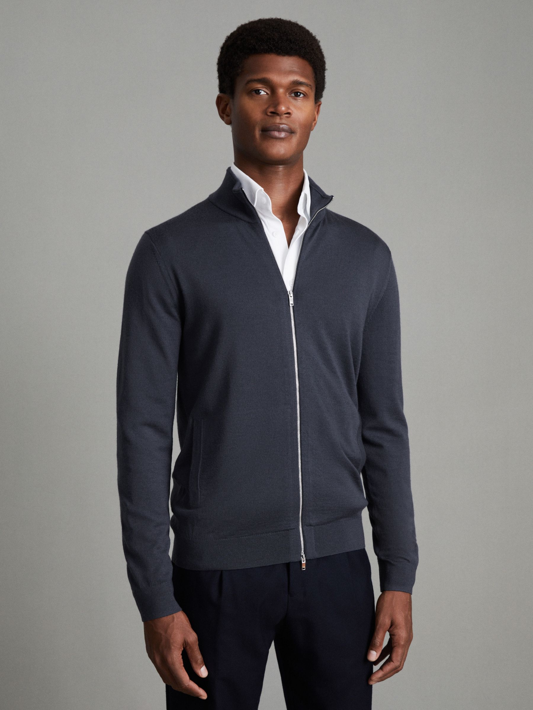 Merino Wool Funnel-Neck Cardigan in Blue Smoke - Image 1 of 6