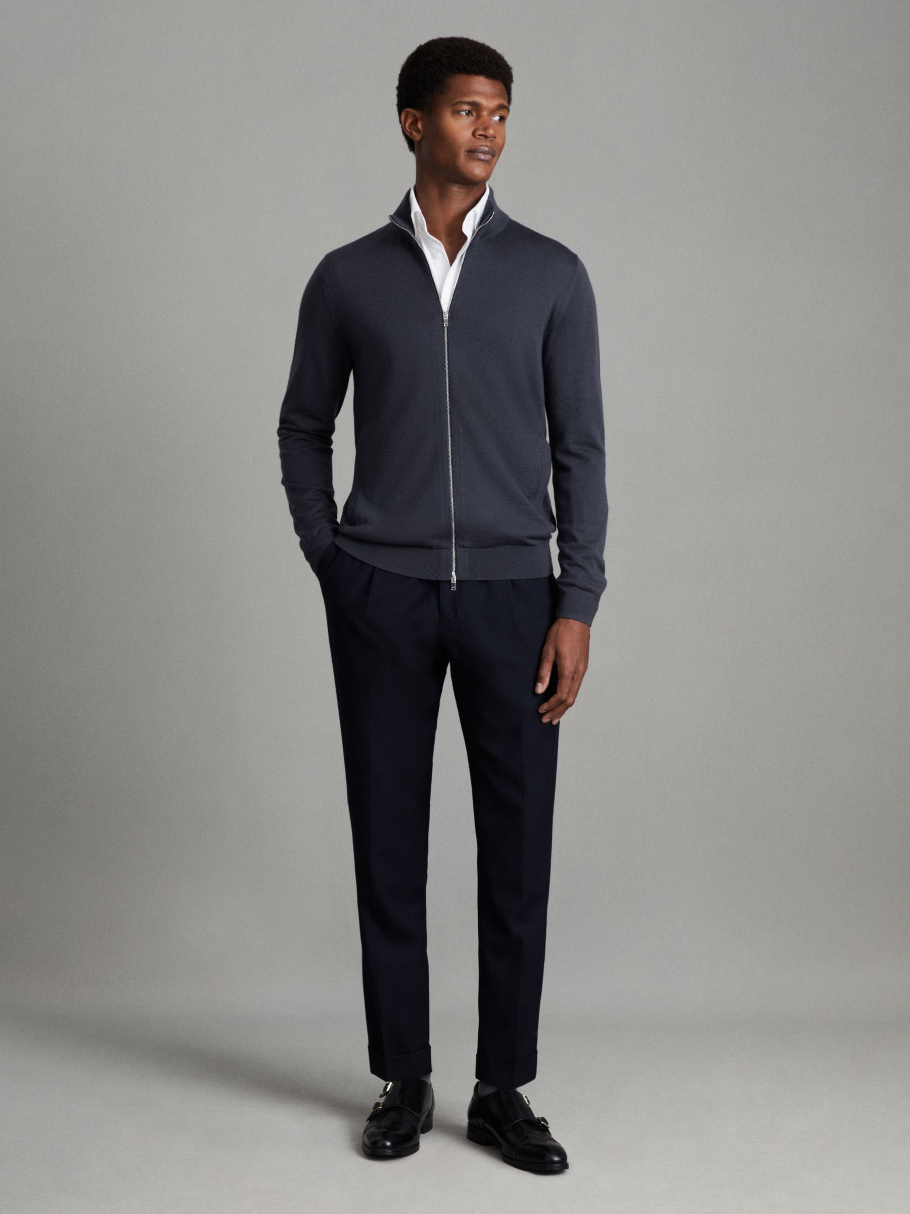 Merino Wool Funnel-Neck Cardigan in Blue Smoke - Image 3 of 6