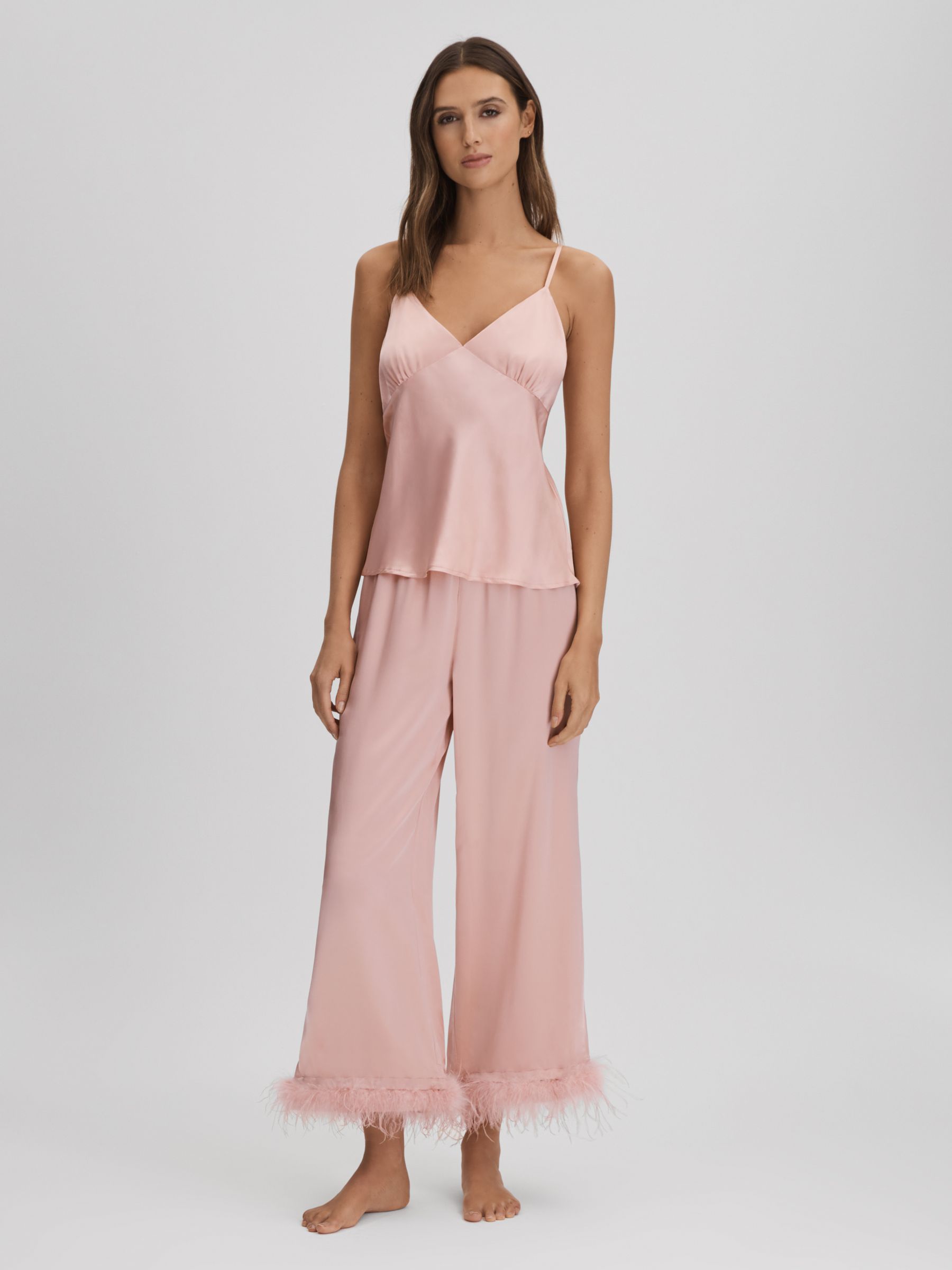 Maison Essentiele Silk Feather Trim Pyjama Bottoms in Blush - Image 3 of 7