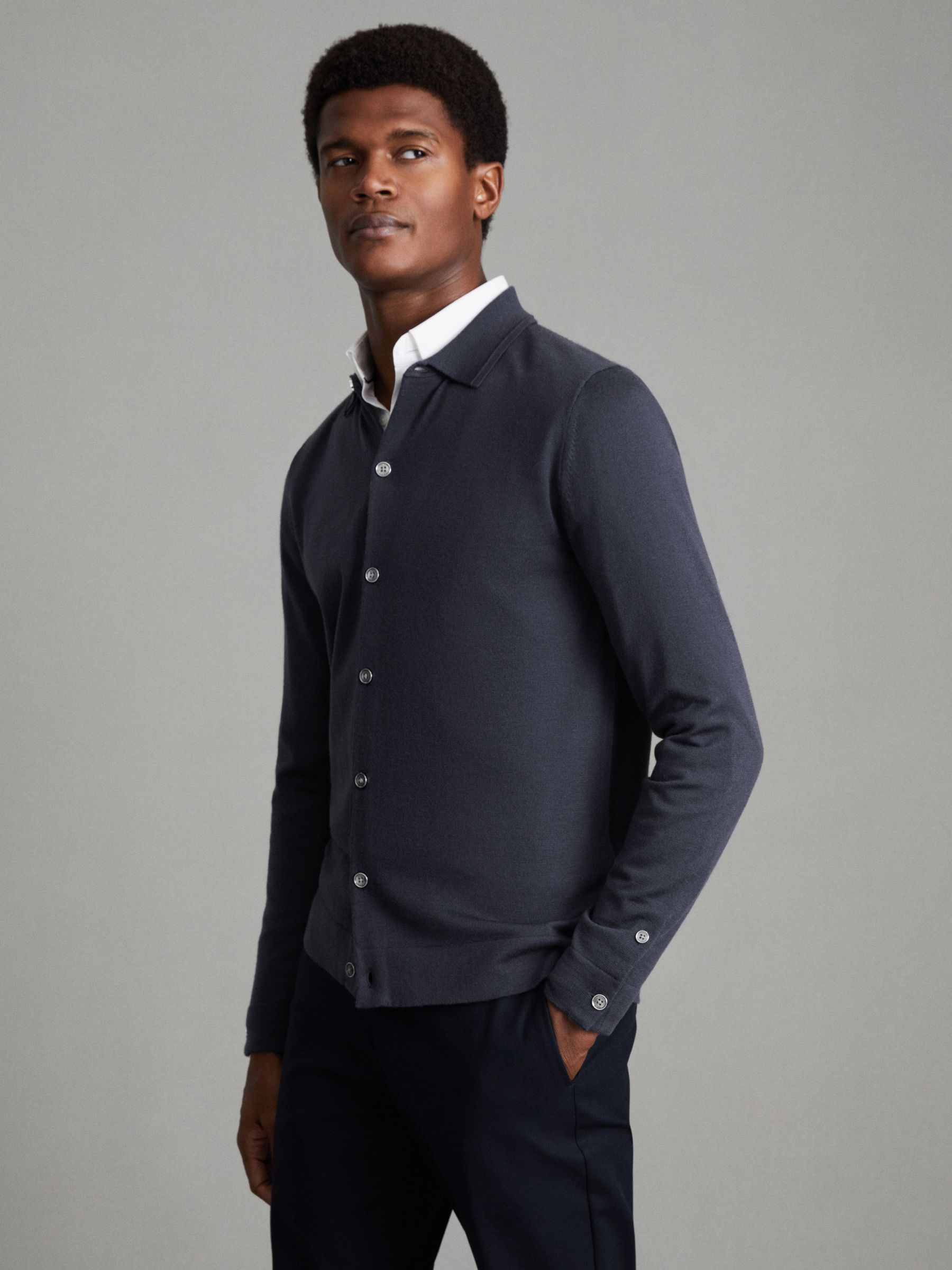 Merino Wool Button-Through Cardigan in Blue Smoke - Image 1 of 6