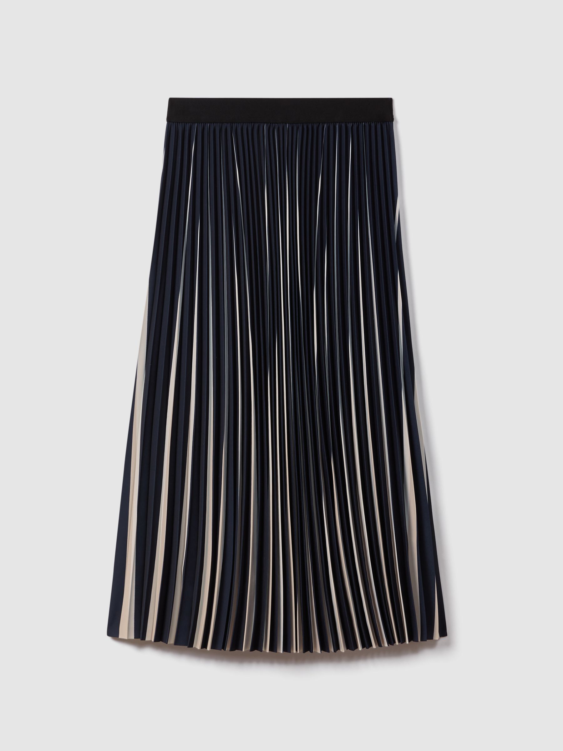 Pleated Striped Midi Skirt in Navy/Cream - Image 2 of 6