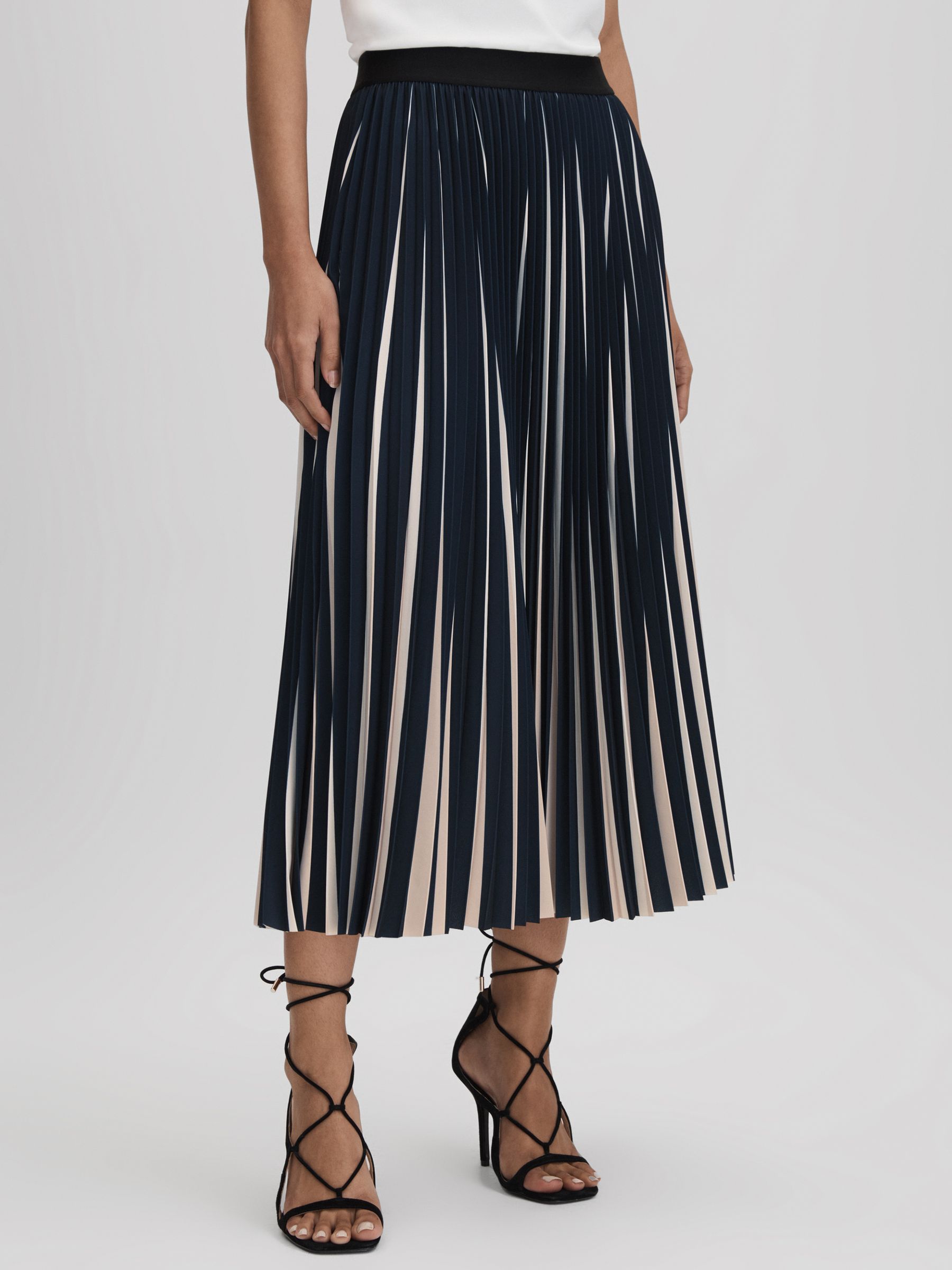 Pleated Striped Midi Skirt in Navy/Cream - Image 3 of 6