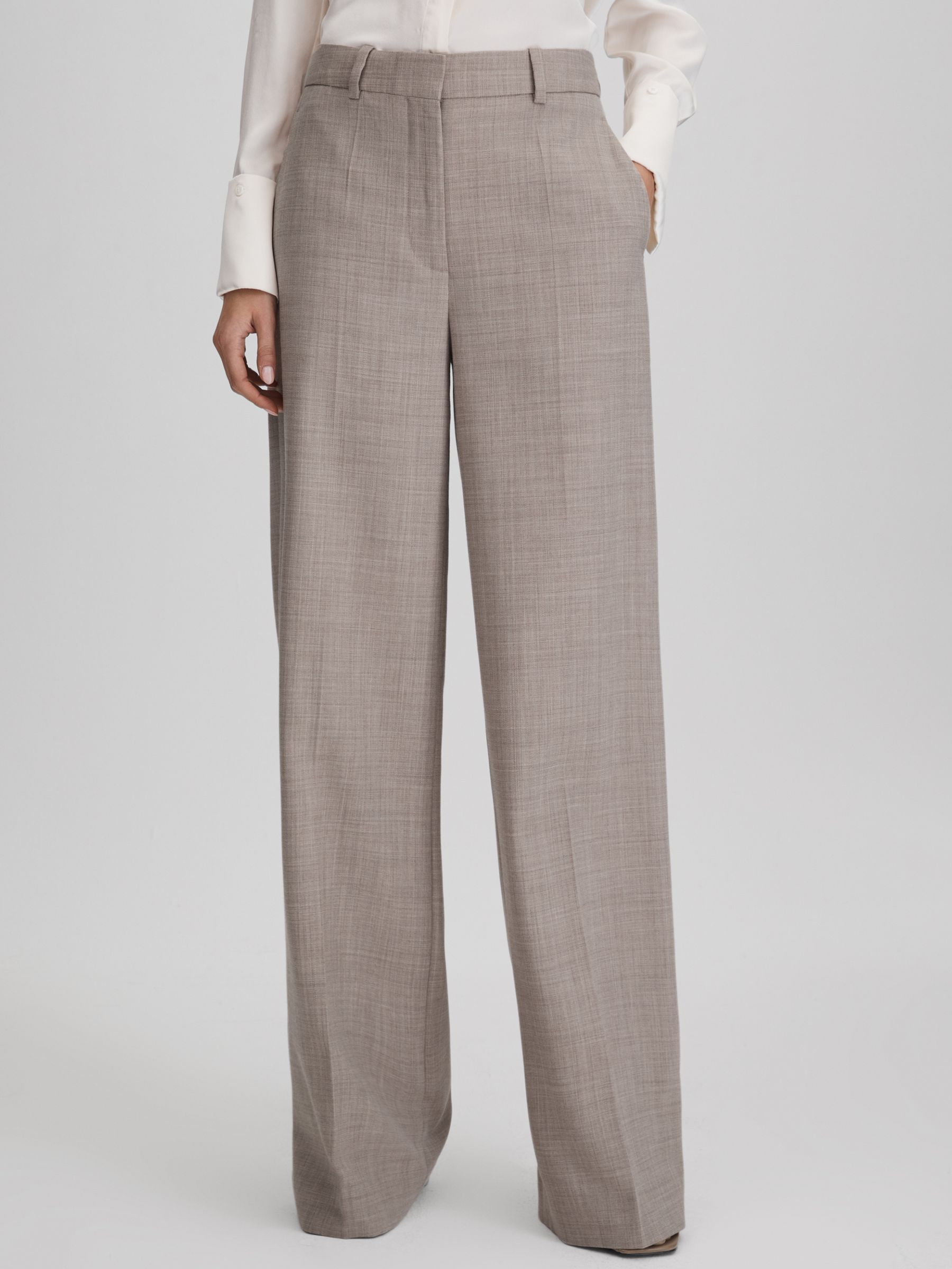 Wool Blend Wide Leg Suit Trousers in Oatmeal - Image 1 of 5
