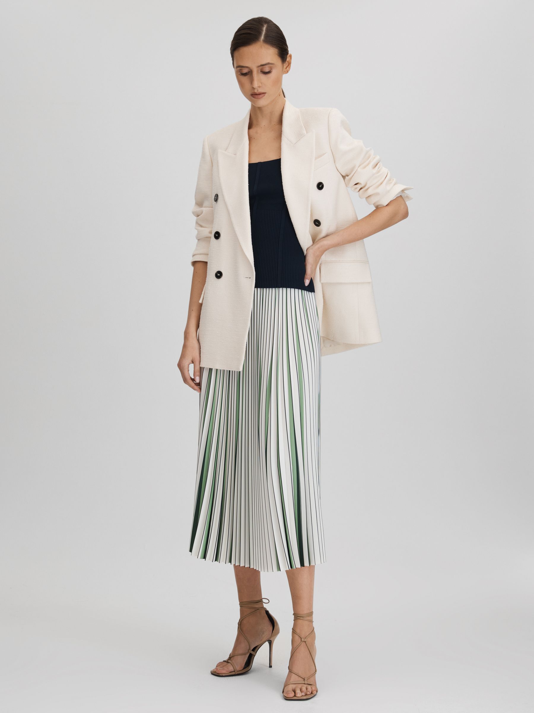 Pleated Striped Midi Skirt in Green/Cream - Image 3 of 7