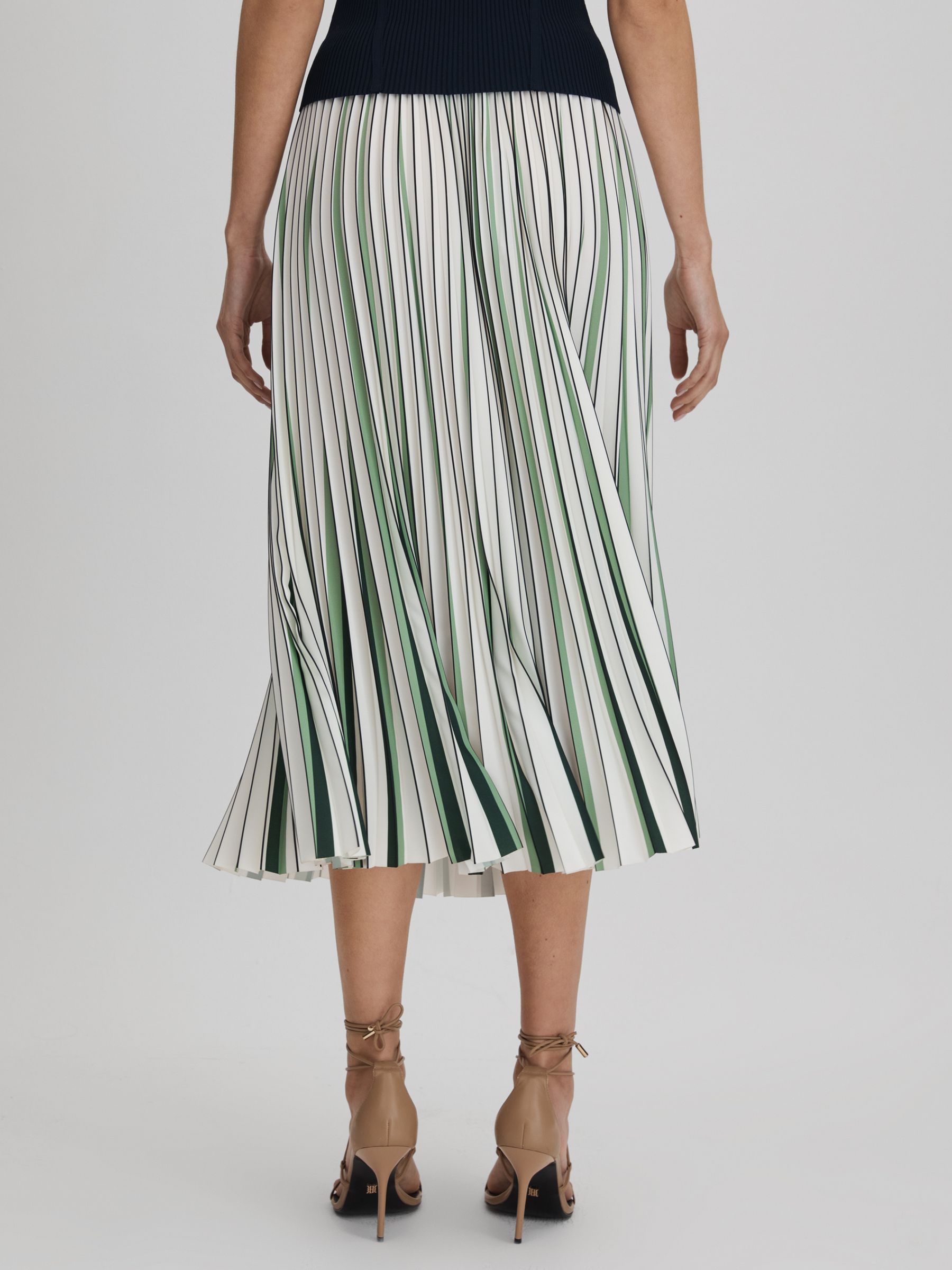 Pleated Striped Midi Skirt in Green/Cream - Image 5 of 7