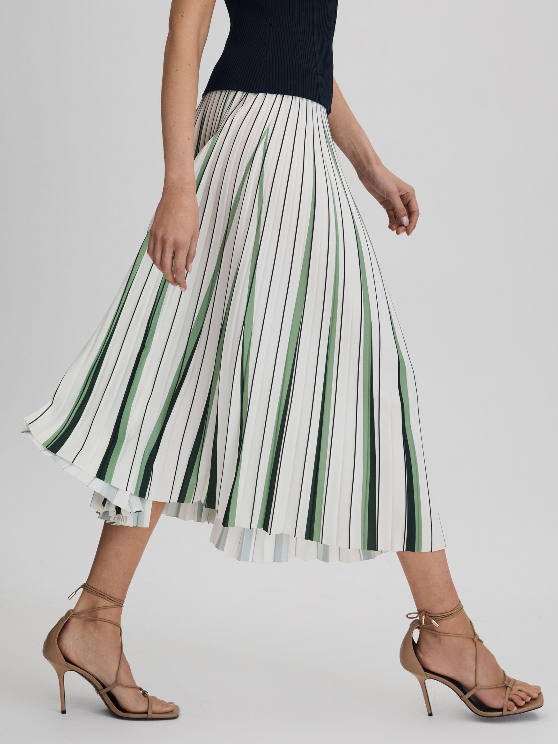 Pleated Striped Midi Skirt in Green/Cream - Image 6 of 7