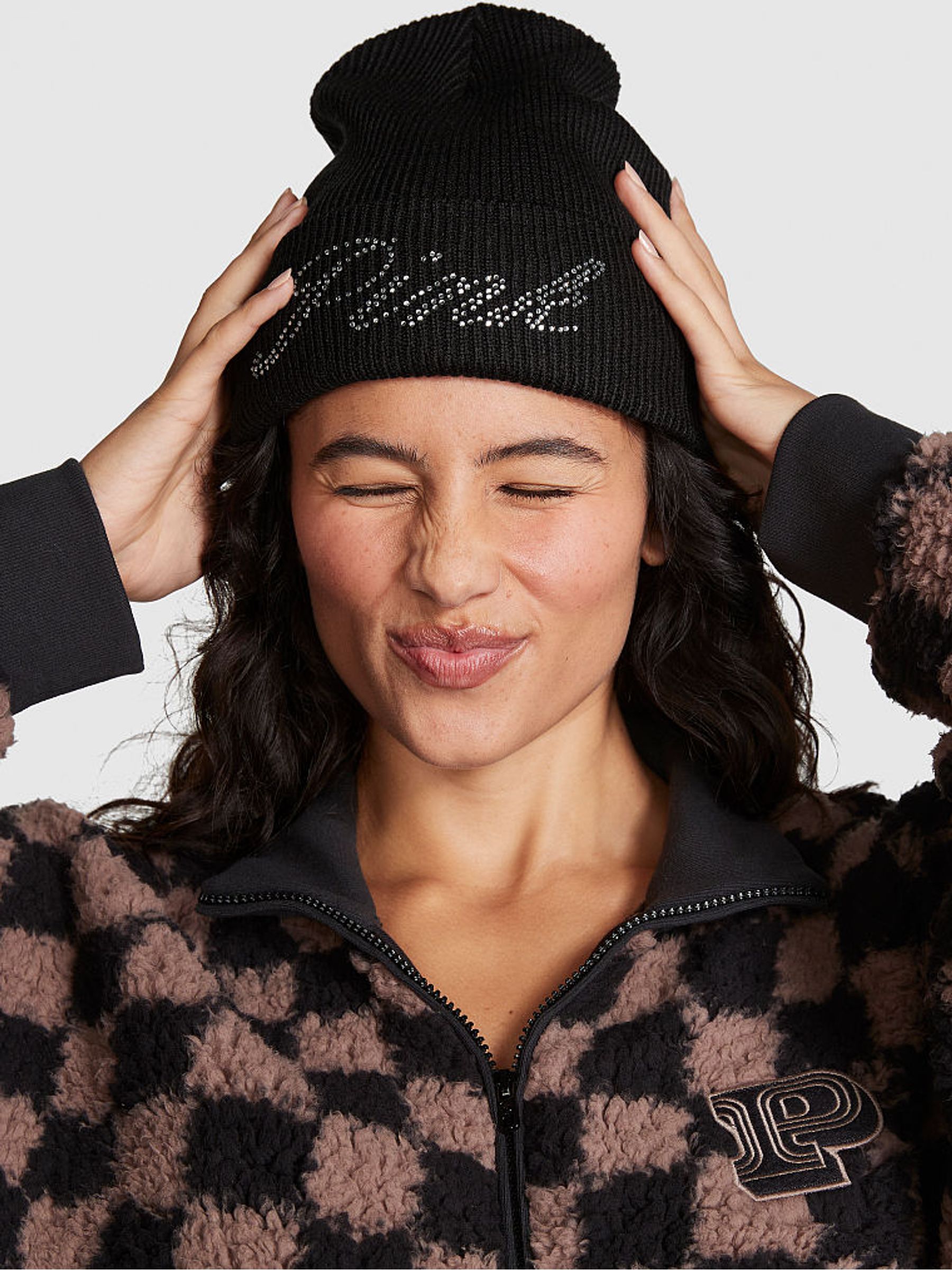 Pure Black Diamante Rib Beanie - Image 1 of 2
