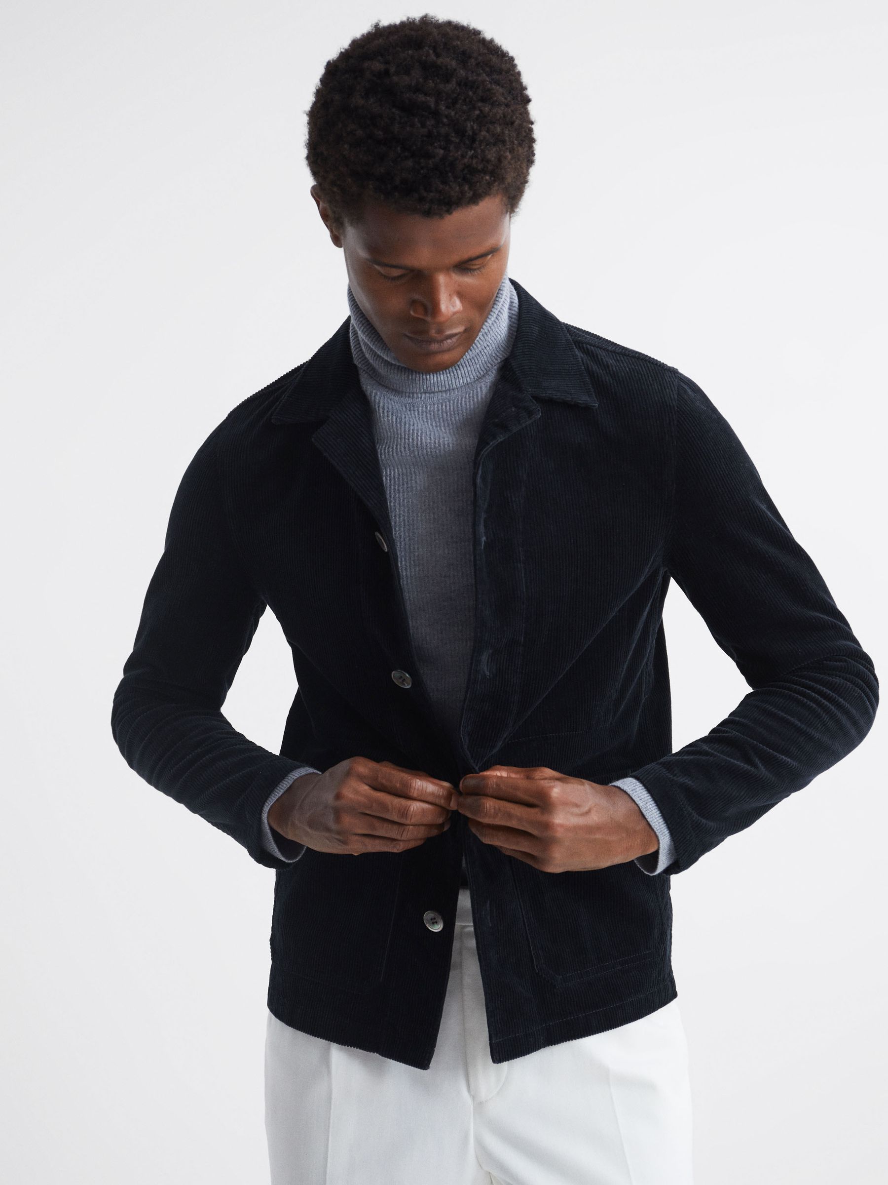 Oscar Jacobson Corduroy Button-Through Shirt in Navy - Image 1 of 7