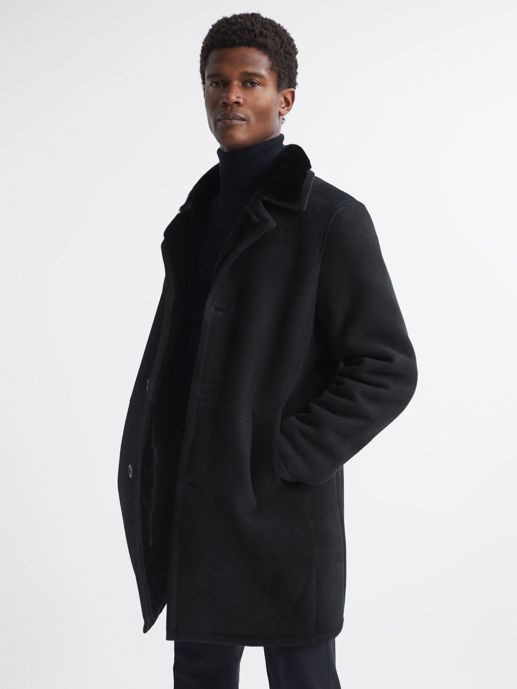 Oscar Jacobson Suede Lined Coat in Black - Image 1 of 7 Oscar Jacobson Suede Lined Coat in Black - Image 1 of 7