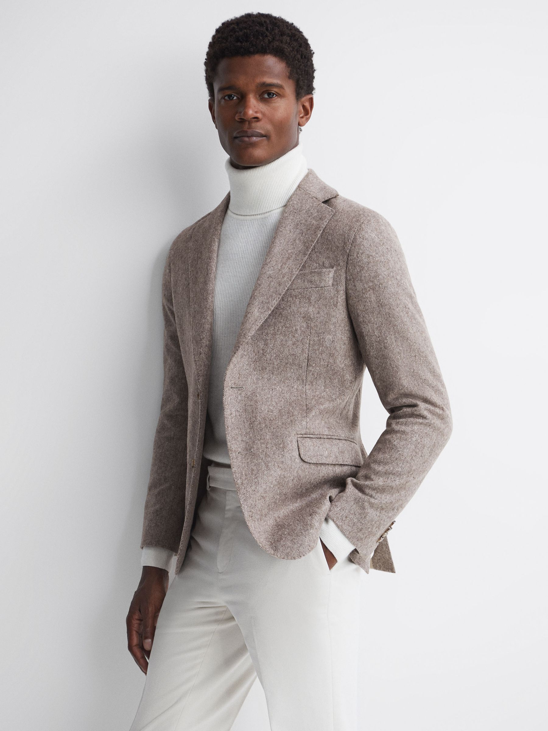 Oscar Jacobson Slim Fit Single Breasted Wool Blazer in Beige Pine - Image 1 of 7