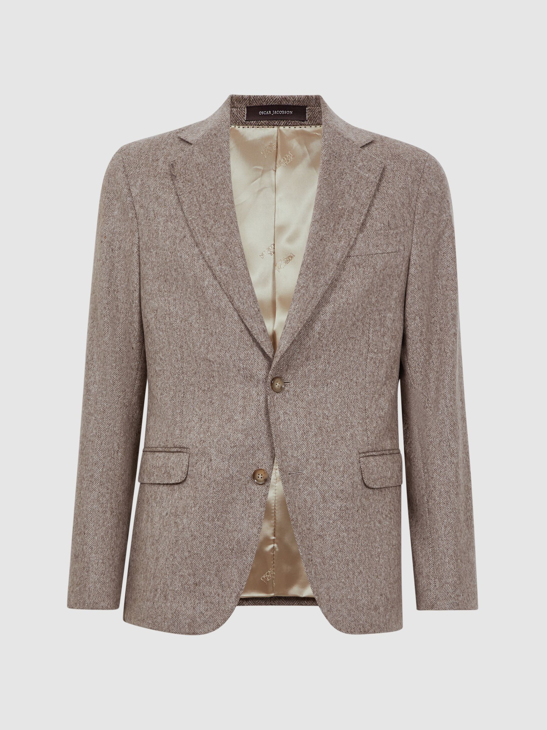 Oscar Jacobson Slim Fit Single Breasted Wool Blazer in Beige Pine - Image 2 of 7