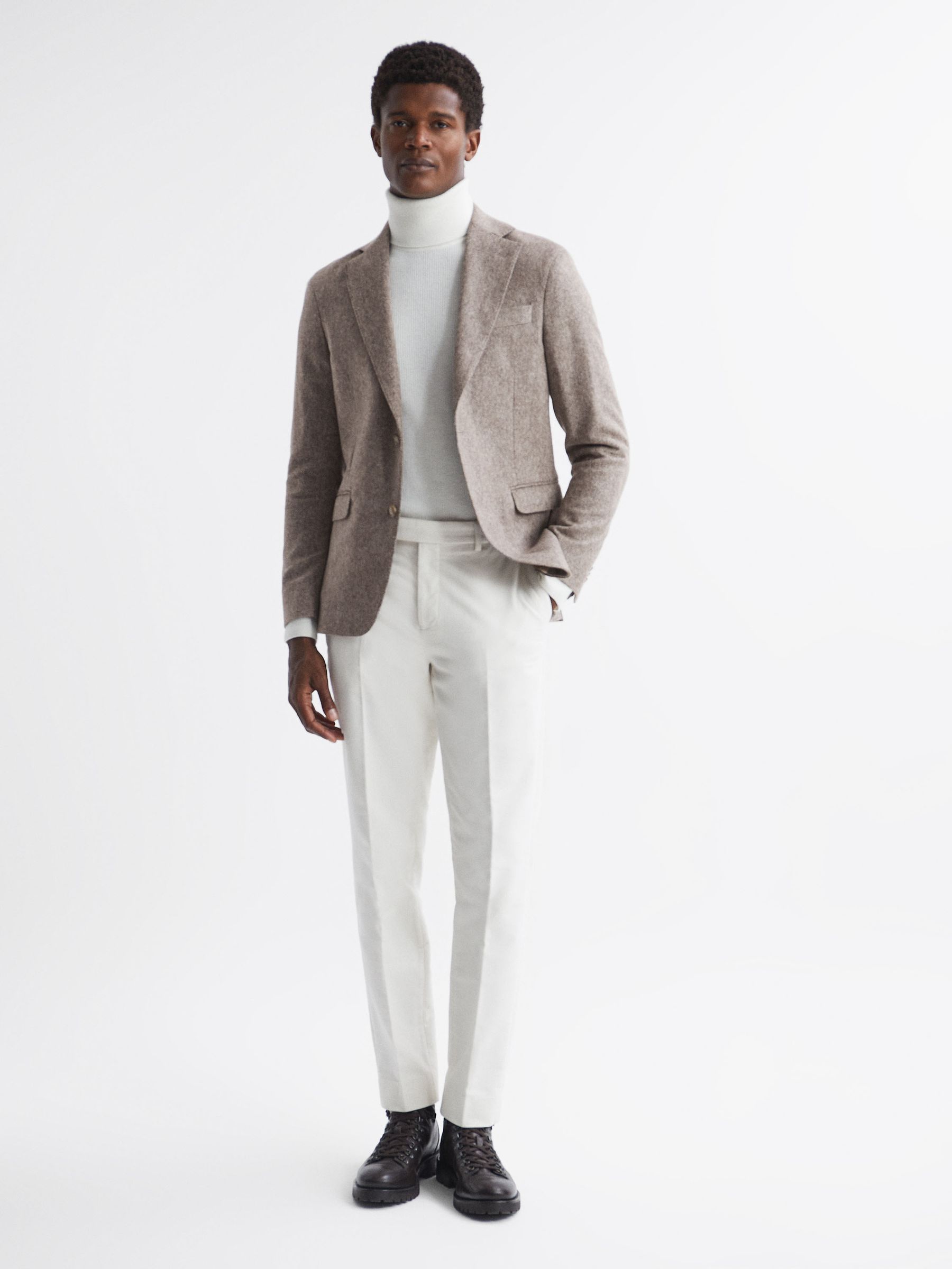Oscar Jacobson Slim Fit Single Breasted Wool Blazer in Beige Pine - Image 3 of 7