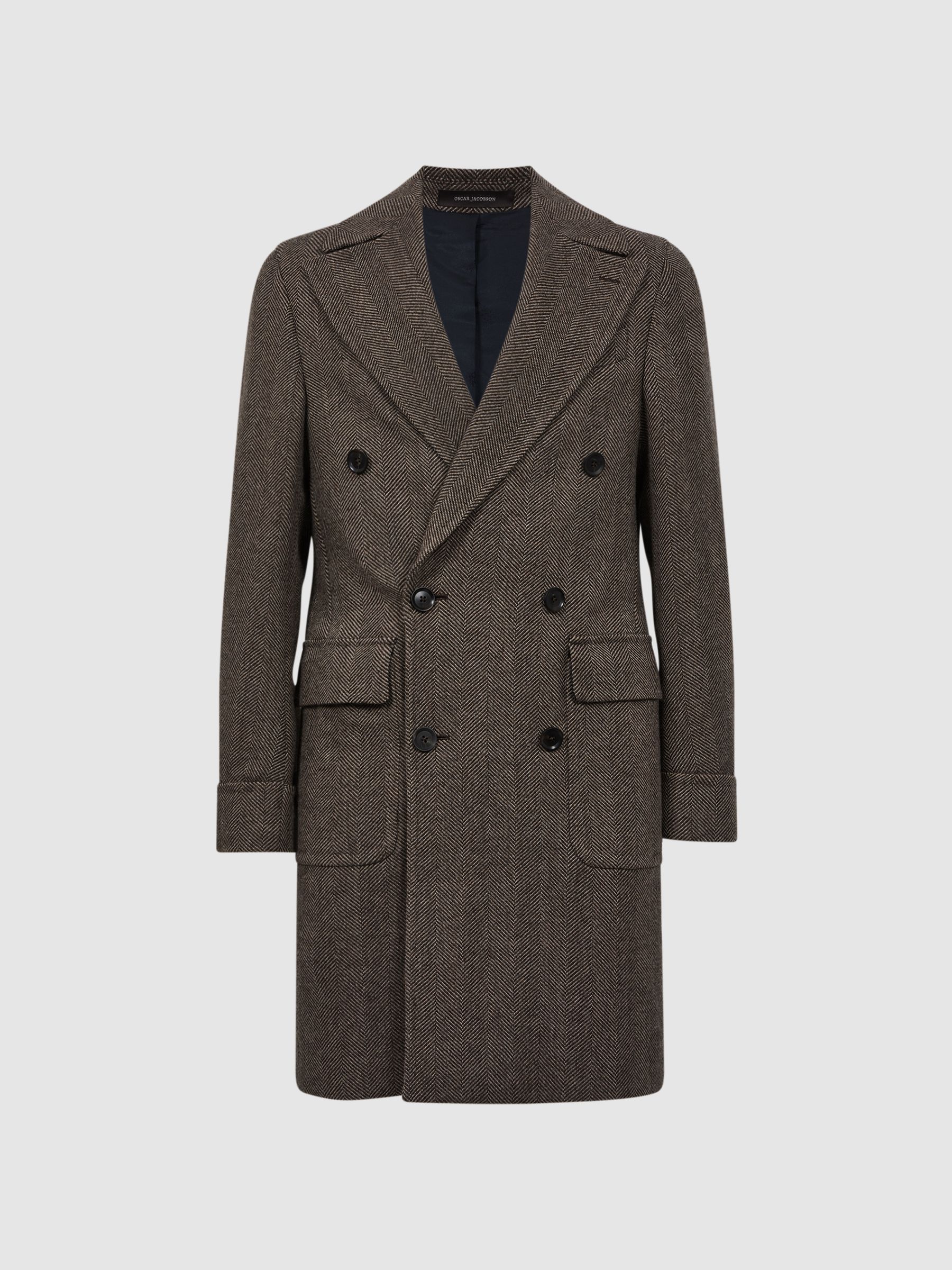 Oscar Jacobson Double Breasted Wool Herringbone Coat in Dark Brown - Image 2 of 8 Oscar Jacobson Double Breasted Wool Herringbone Coat in Dark Brown - Image 2 of 8