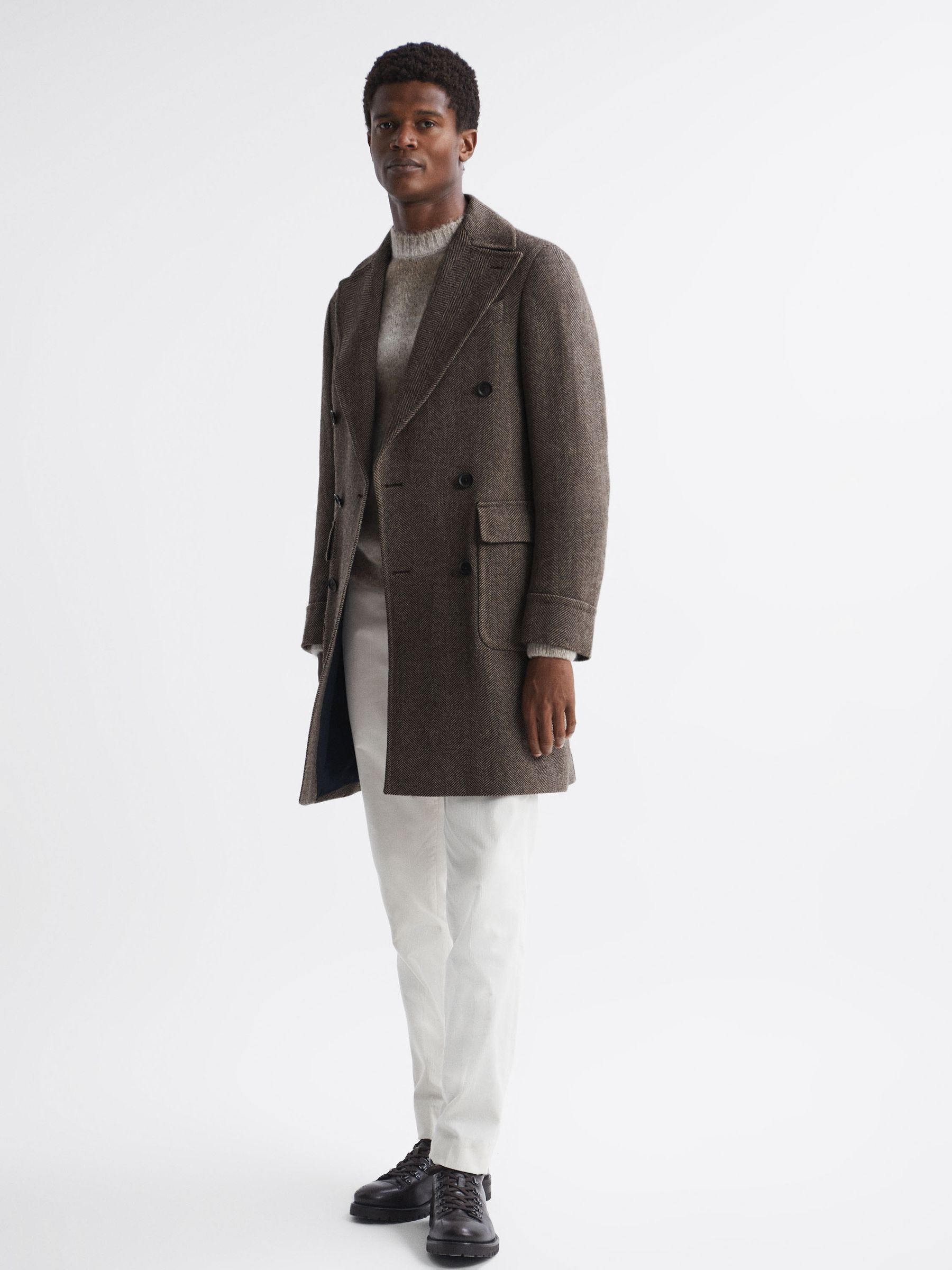 Oscar Jacobson Double Breasted Wool Herringbone Coat in Dark Brown - Image 3 of 8