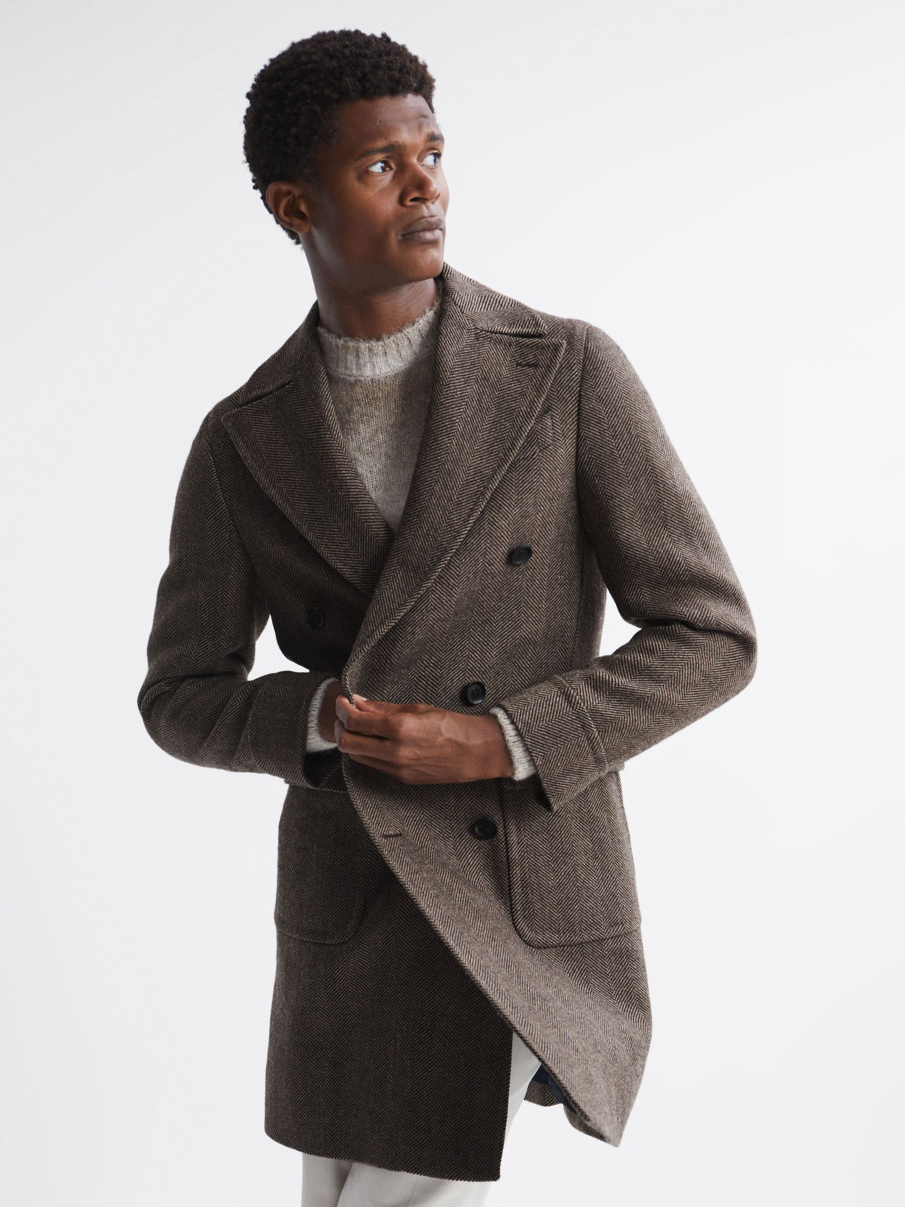 Oscar Jacobson Double Breasted Wool Herringbone Coat in Dark Brown - Image 4 of 8