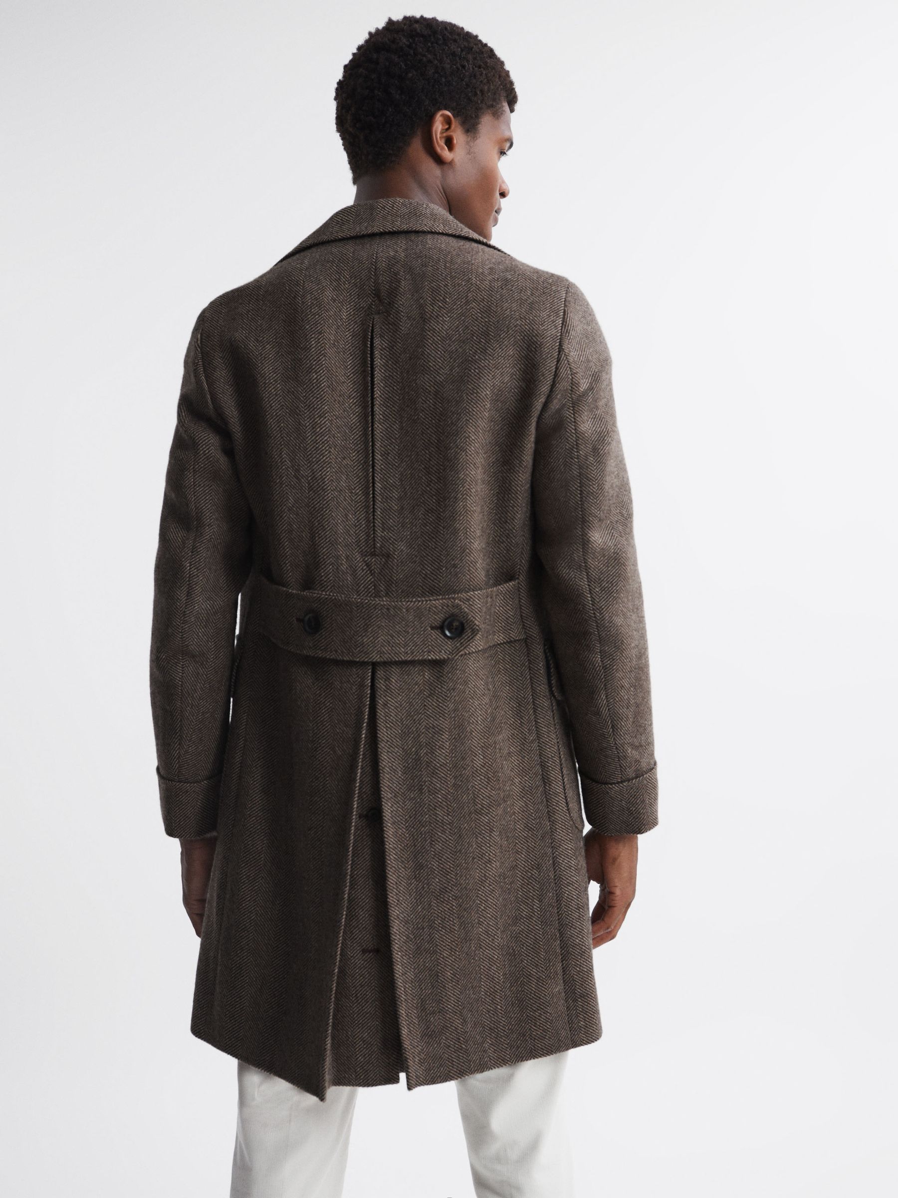 Oscar Jacobson Double Breasted Wool Herringbone Coat in Dark Brown - Image 5 of 8