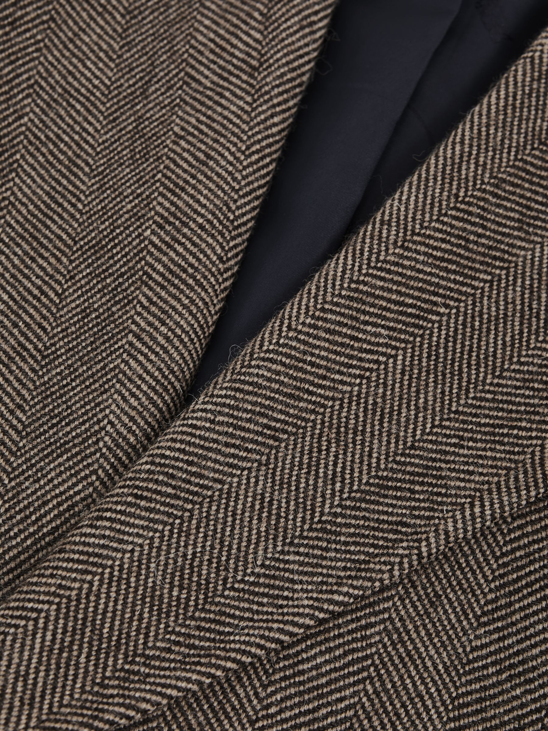 Oscar Jacobson Double Breasted Wool Herringbone Coat in Dark Brown - Image 6 of 8