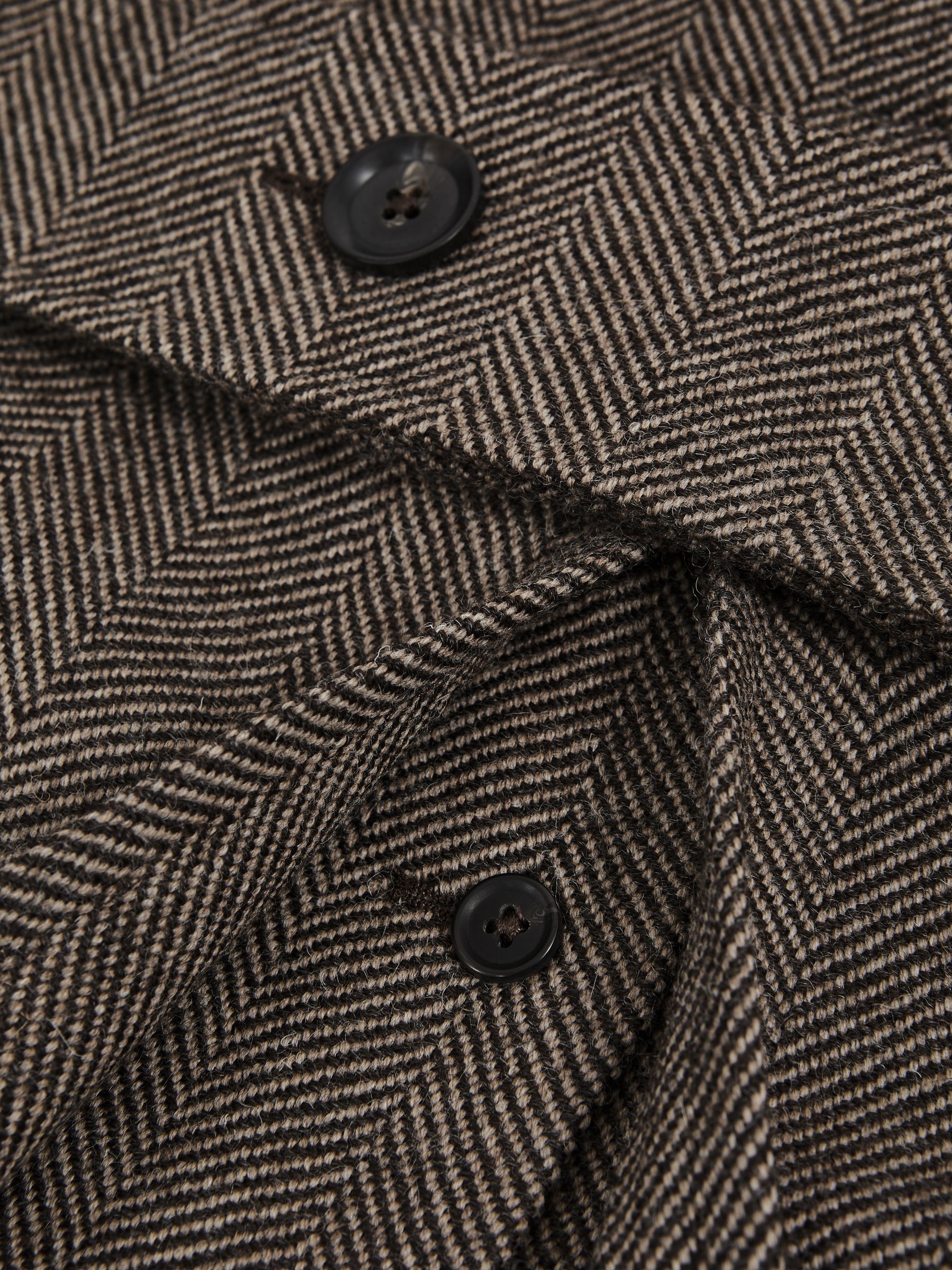 Oscar Jacobson Double Breasted Wool Herringbone Coat in Dark Brown - Image 8 of 8