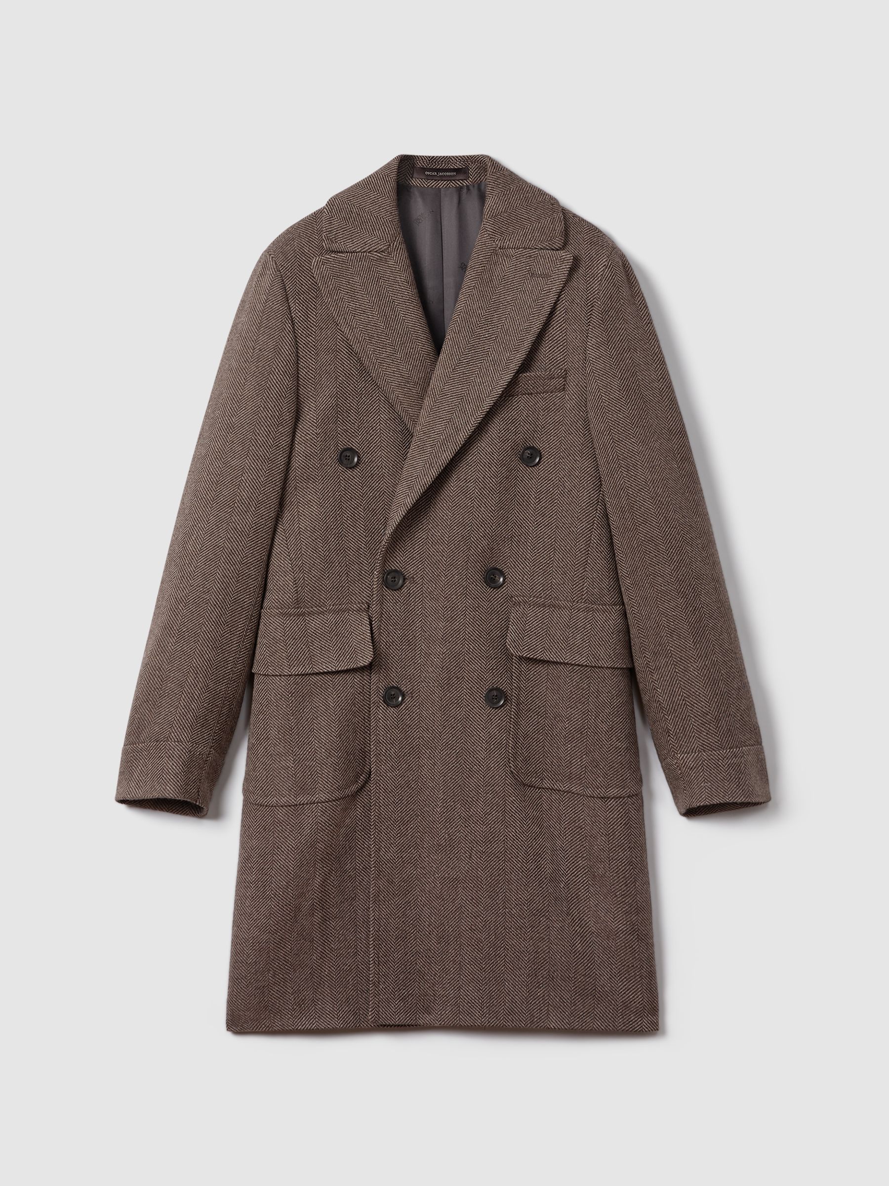 Oscar Jacobson Slim Fit Wool Double Breasted Coat in Dark Beige - Image 2 of 8