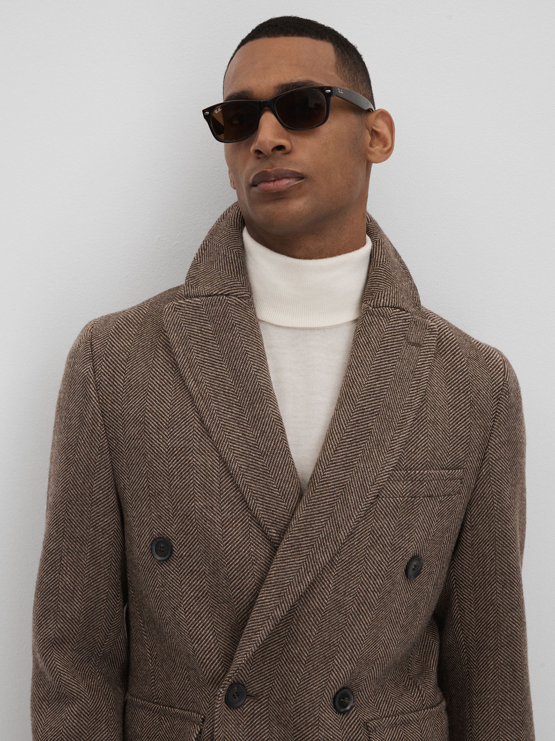 Oscar Jacobson Slim Fit Wool Double Breasted Coat in Dark Beige - Image 3 of 8