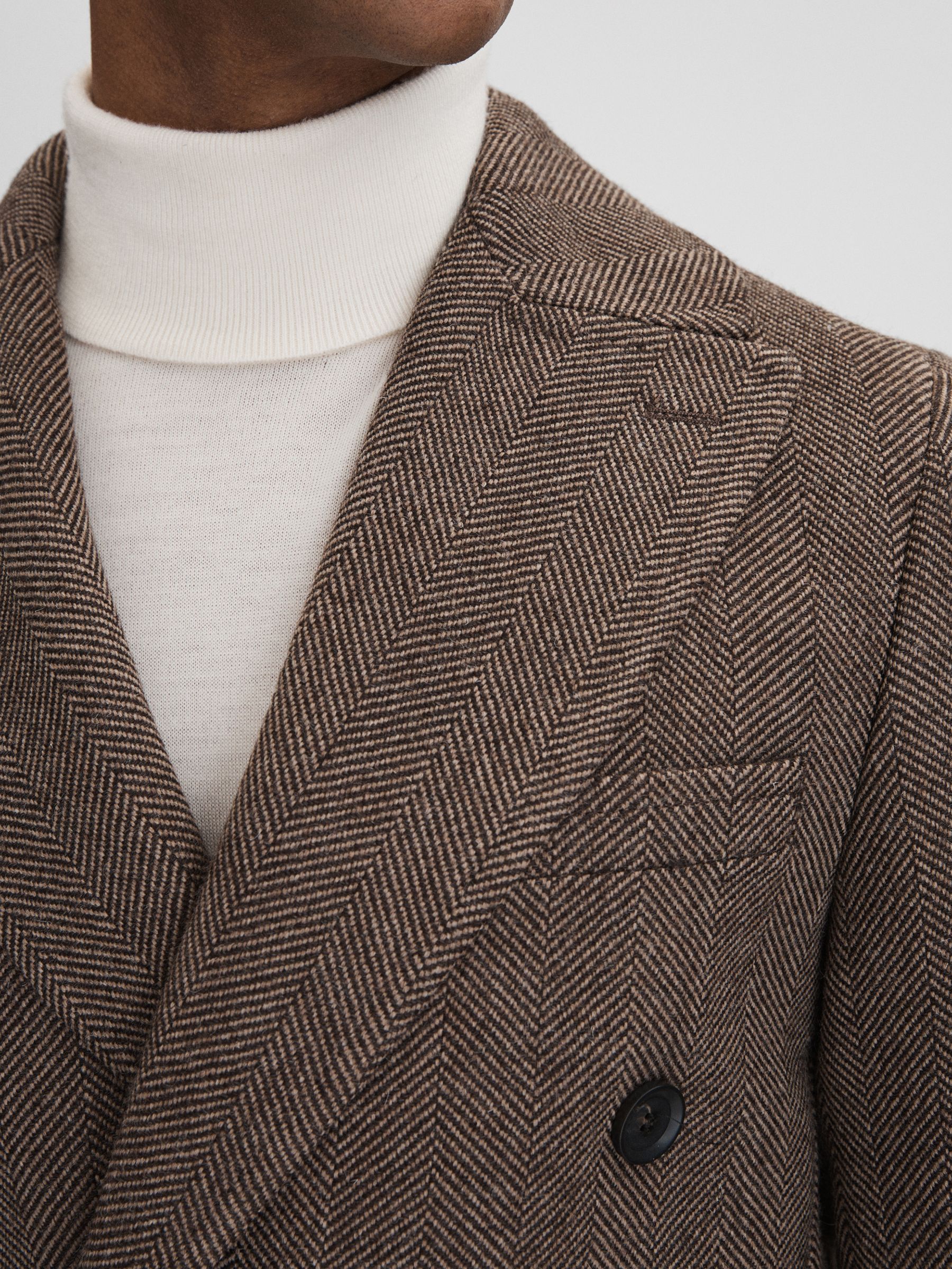 Oscar Jacobson Slim Fit Wool Double Breasted Coat in Dark Beige - Image 4 of 8