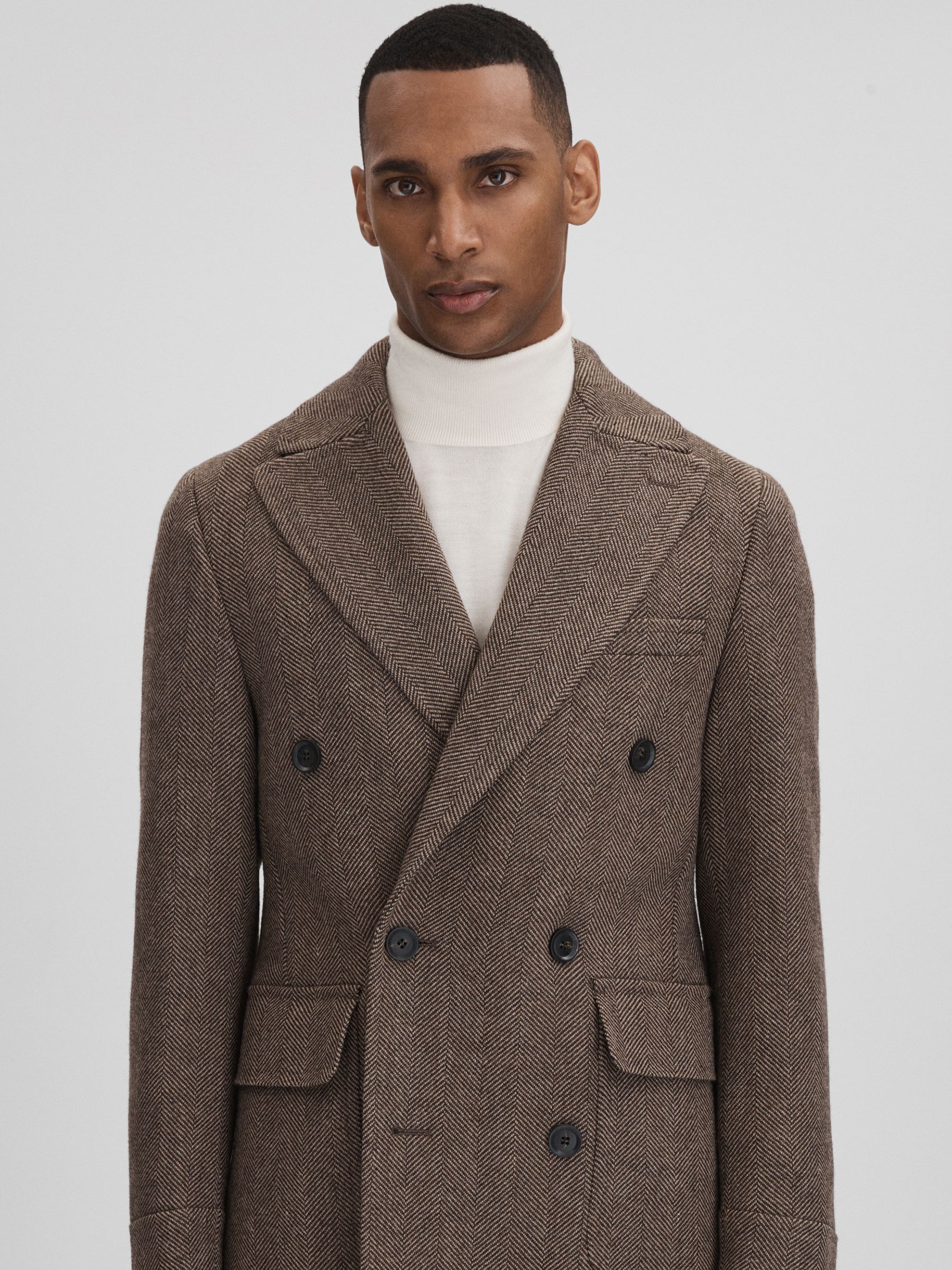Oscar Jacobson Slim Fit Wool Double Breasted Coat in Dark Beige - Image 6 of 8