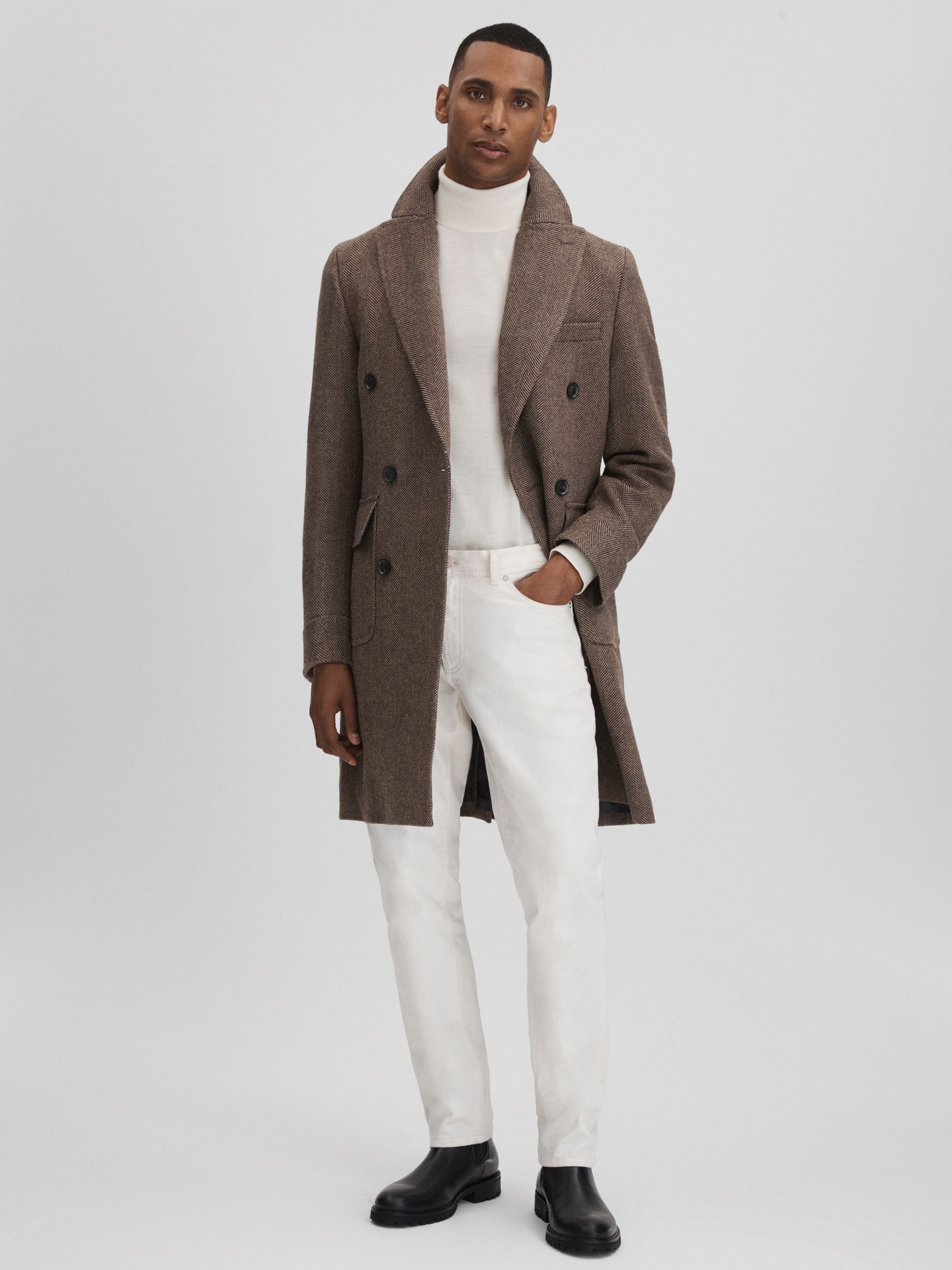 Oscar Jacobson Slim Fit Wool Double Breasted Coat in Dark Beige - Image 7 of 8