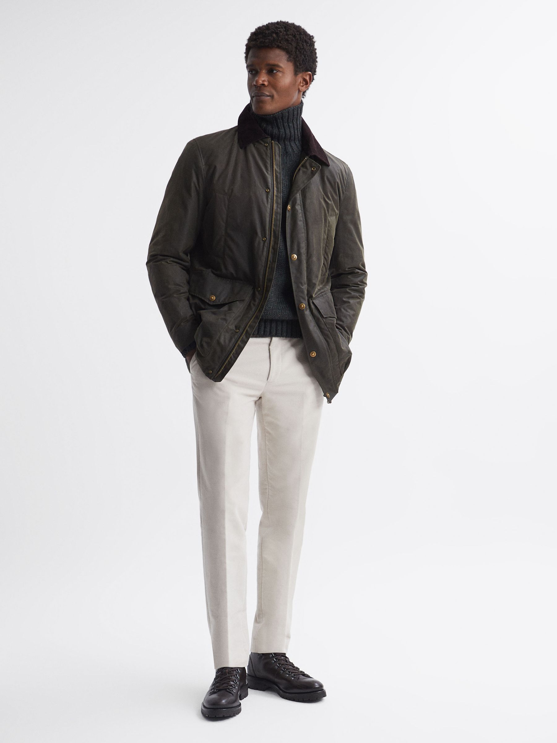 【海外限定】REISS 綿ジャケット☆Osbourne Belted Cotton Blend Reiss Oscar Jacobson Waxed Field Jacket in Green Cervo - REISS