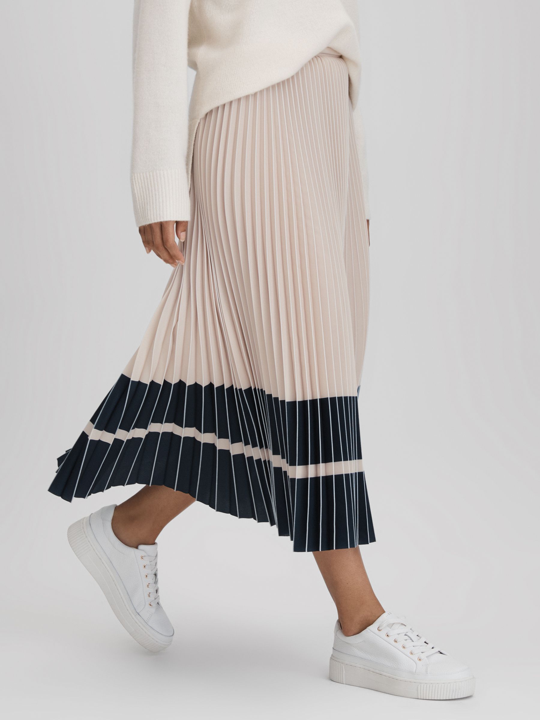 High Rise Pleated Midi Skirt in Nude/Navy - Image 1 of 6 High Rise Pleated Midi Skirt in Nude/Navy - Image 1 of 6