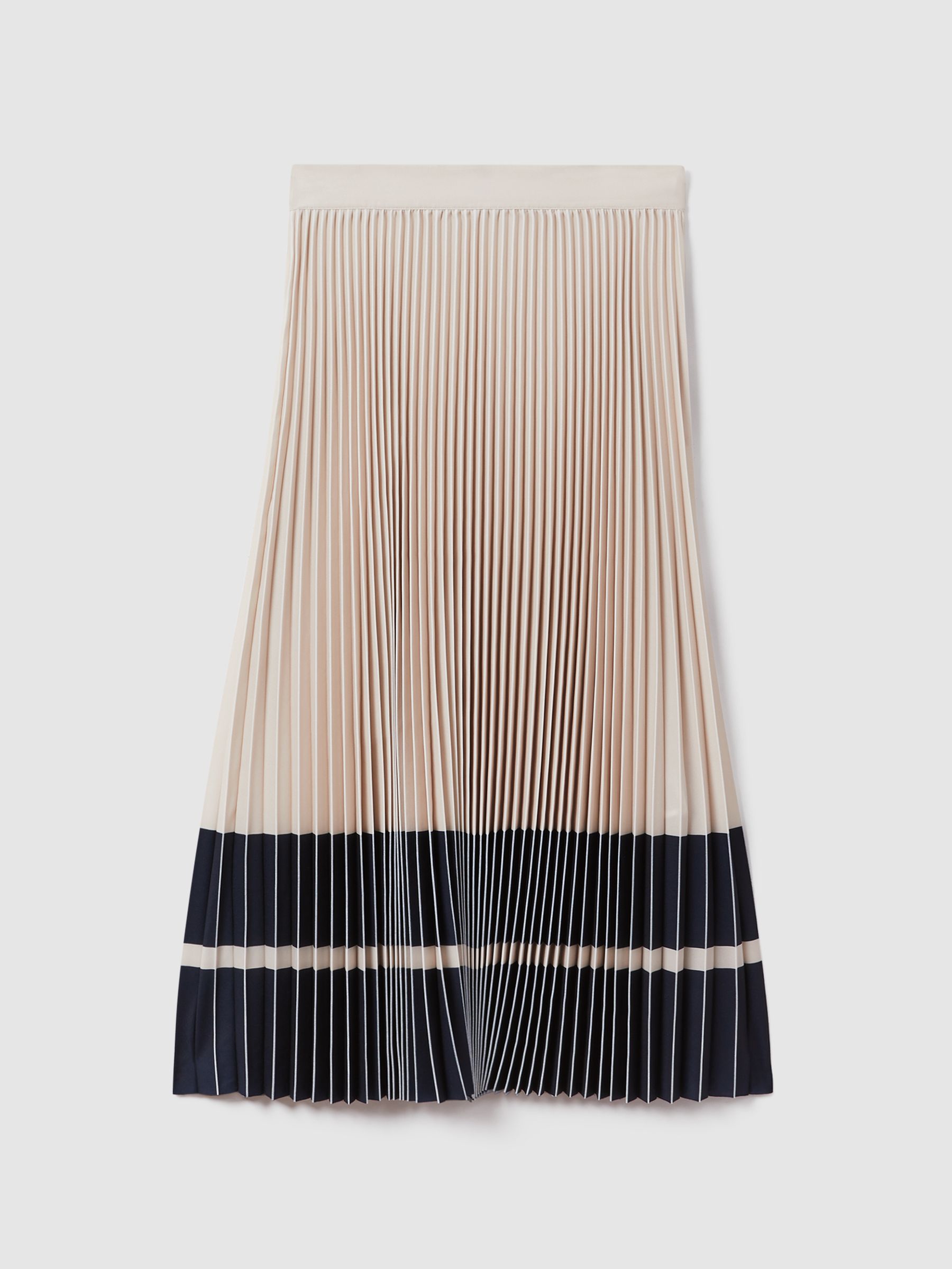 High Rise Pleated Midi Skirt in Nude/Navy - Image 2 of 6 High Rise Pleated Midi Skirt in Nude/Navy - Image 2 of 6