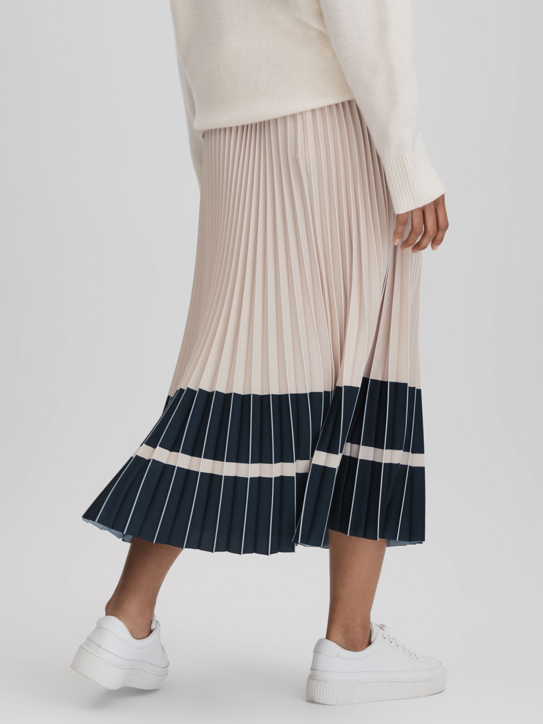 Reiss High Rise Pleated Midi Skirt in Nude/Navy - REISS