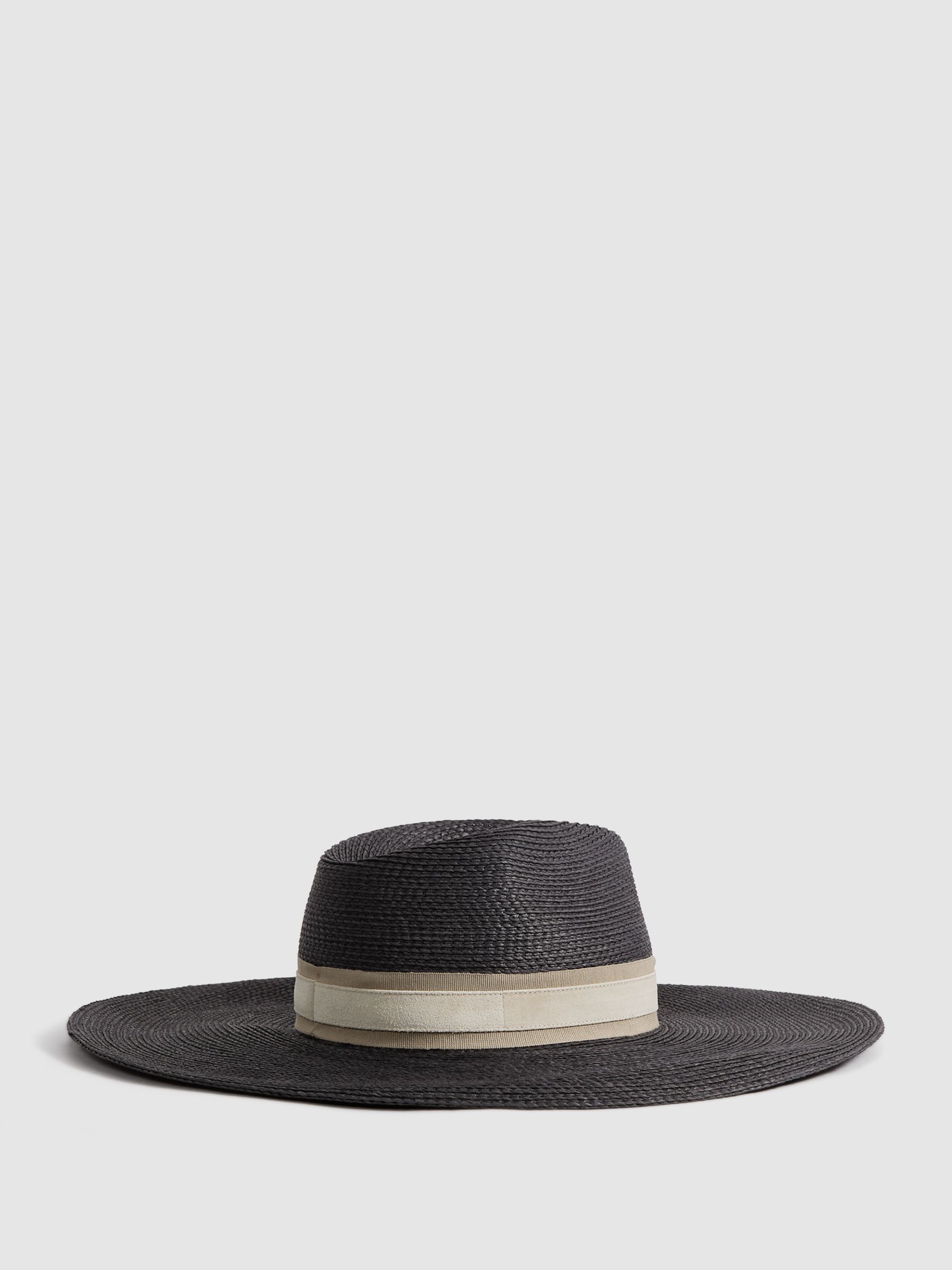 Reiss Raffia Wide Brim Sun Hat in Black | REISS display picture 1