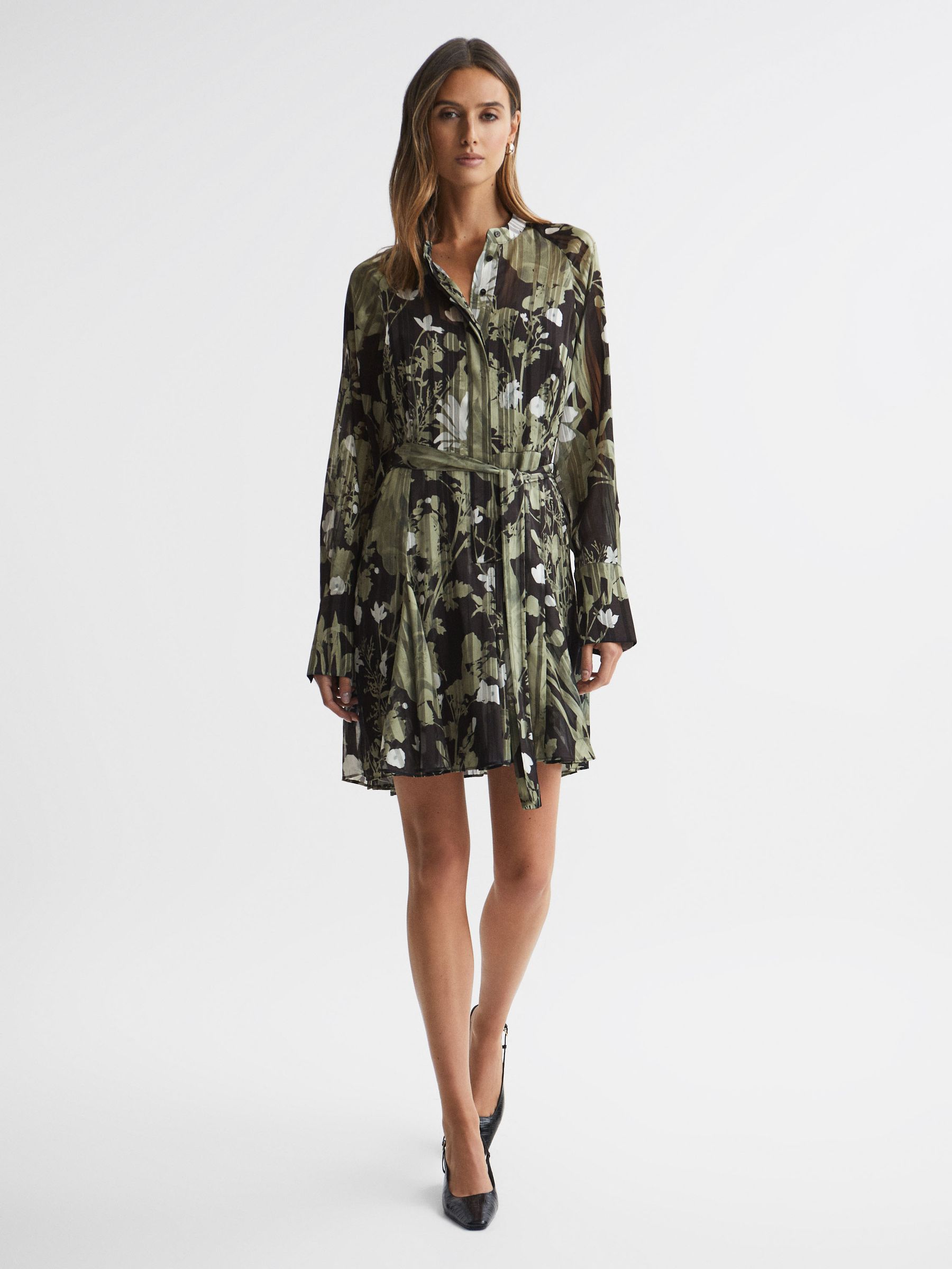 Printed Belted Mini Dress in Dark Khaki - Image 1 of 5 Printed Belted Mini Dress in Dark Khaki - Image 1 of 5