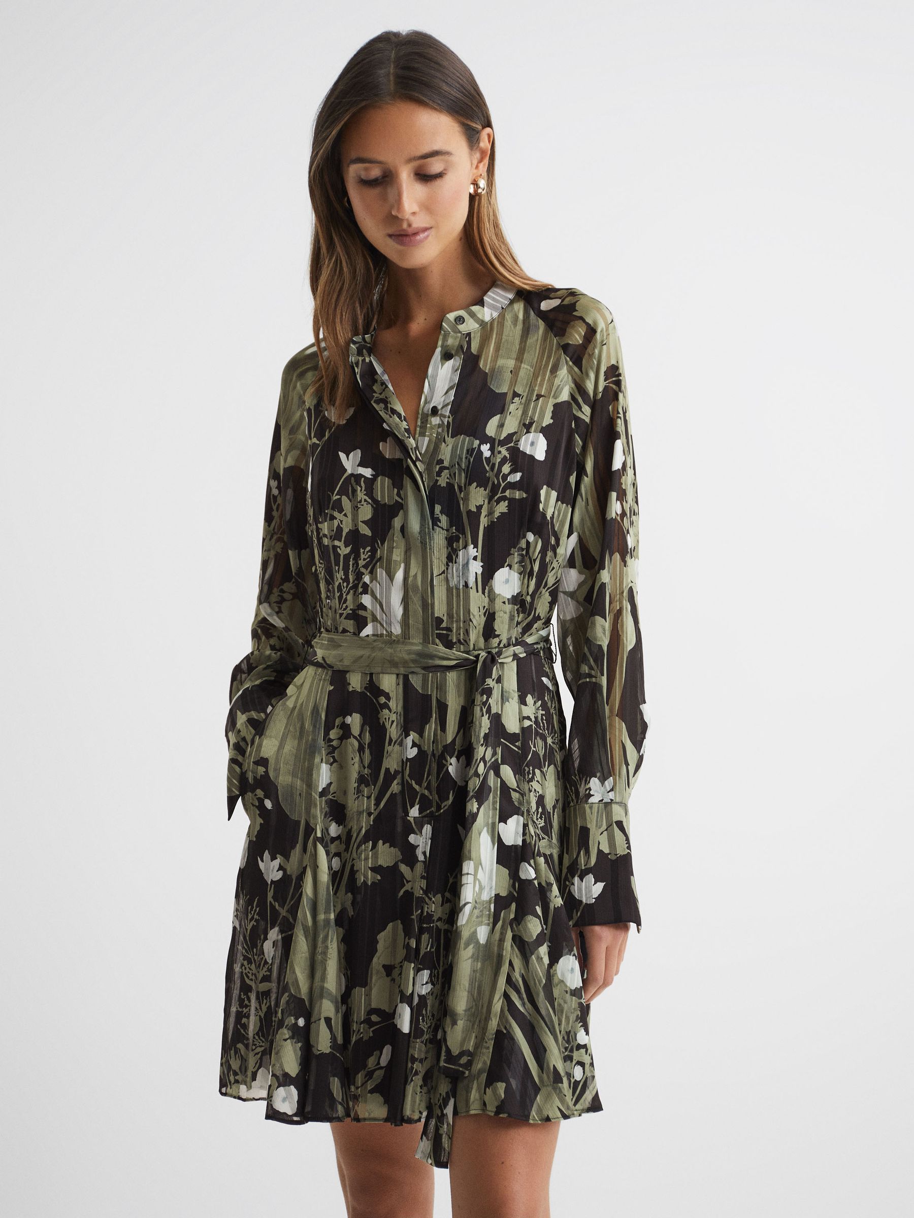 Printed Belted Mini Dress in Dark Khaki - Image 3 of 5