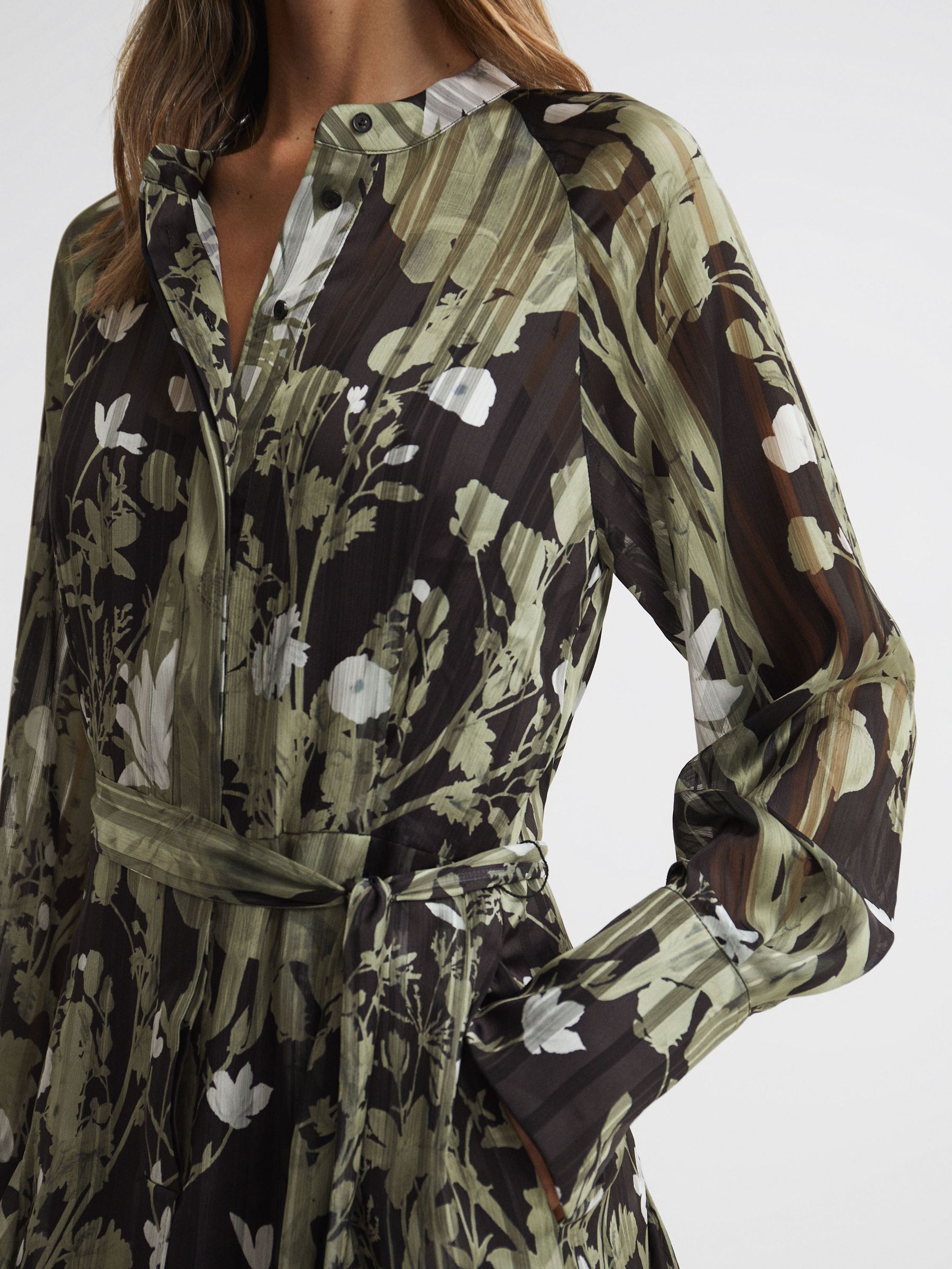Printed Belted Mini Dress in Dark Khaki - Image 4 of 5