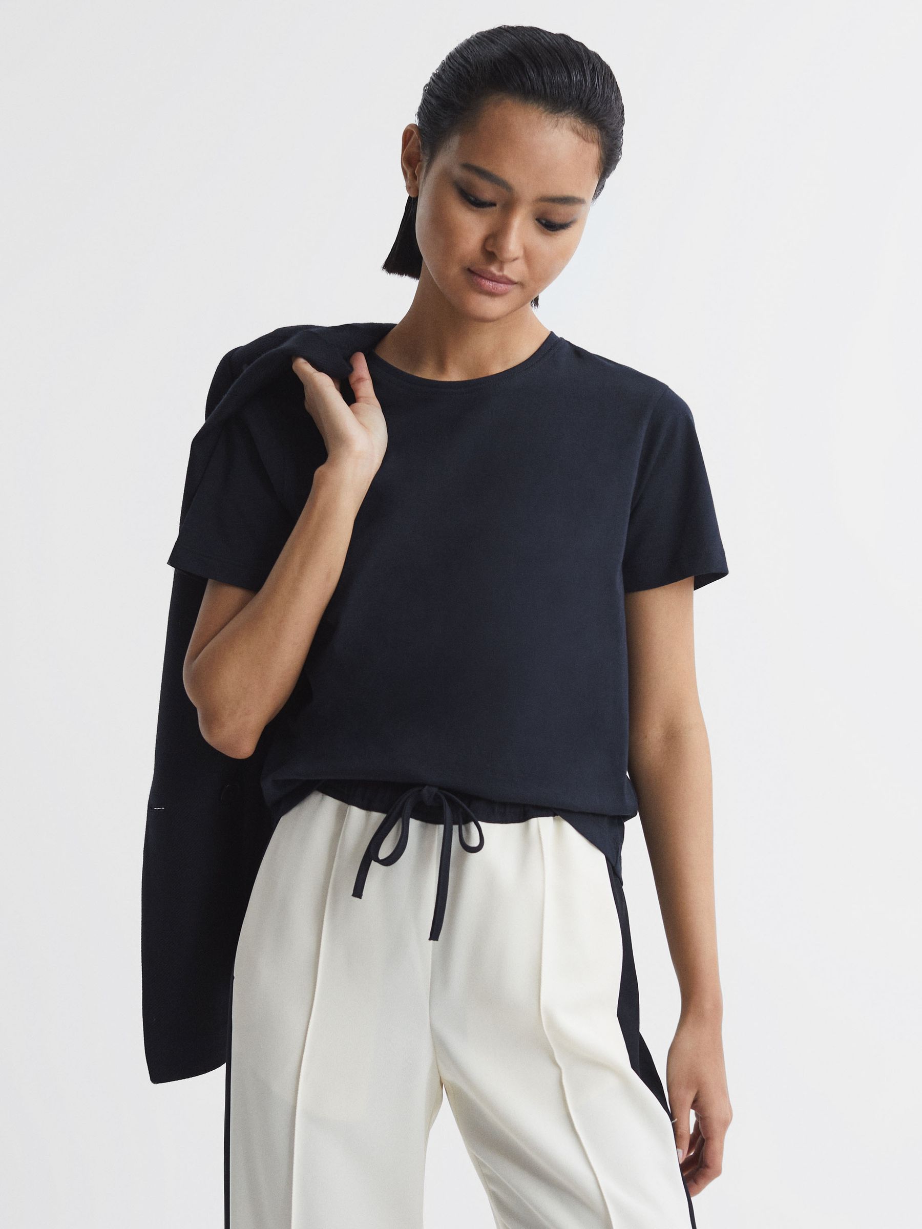 Cotton Crew Neck T-Shirt in Navy - Image 1 of 5 Cotton Crew Neck T-Shirt in Navy - Image 1 of 5