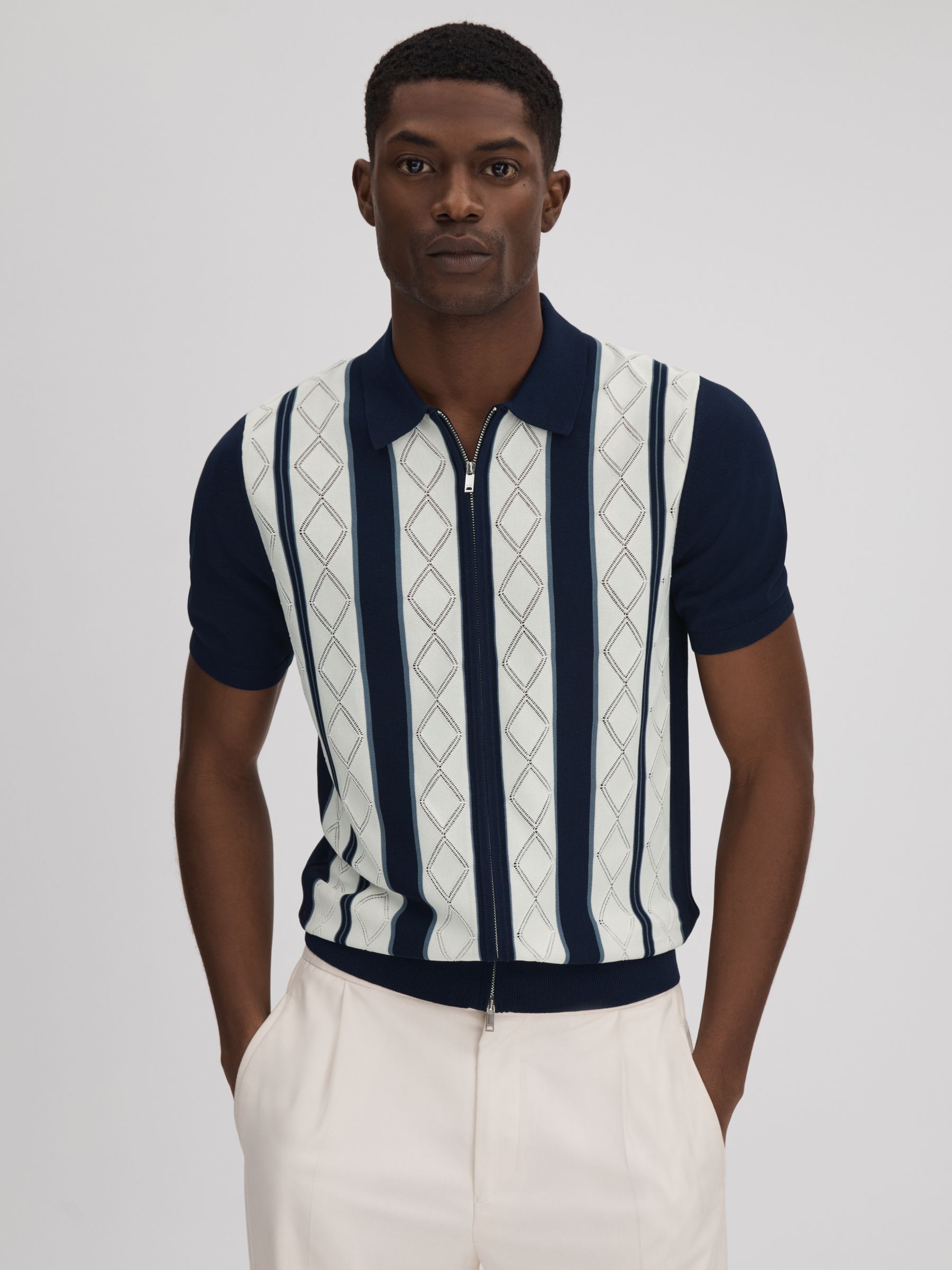 Colourblock Zip-Through T-Shirt in Navy/White - Image 1 of 7 Colourblock Zip-Through T-Shirt in Navy/White - Image 1 of 7