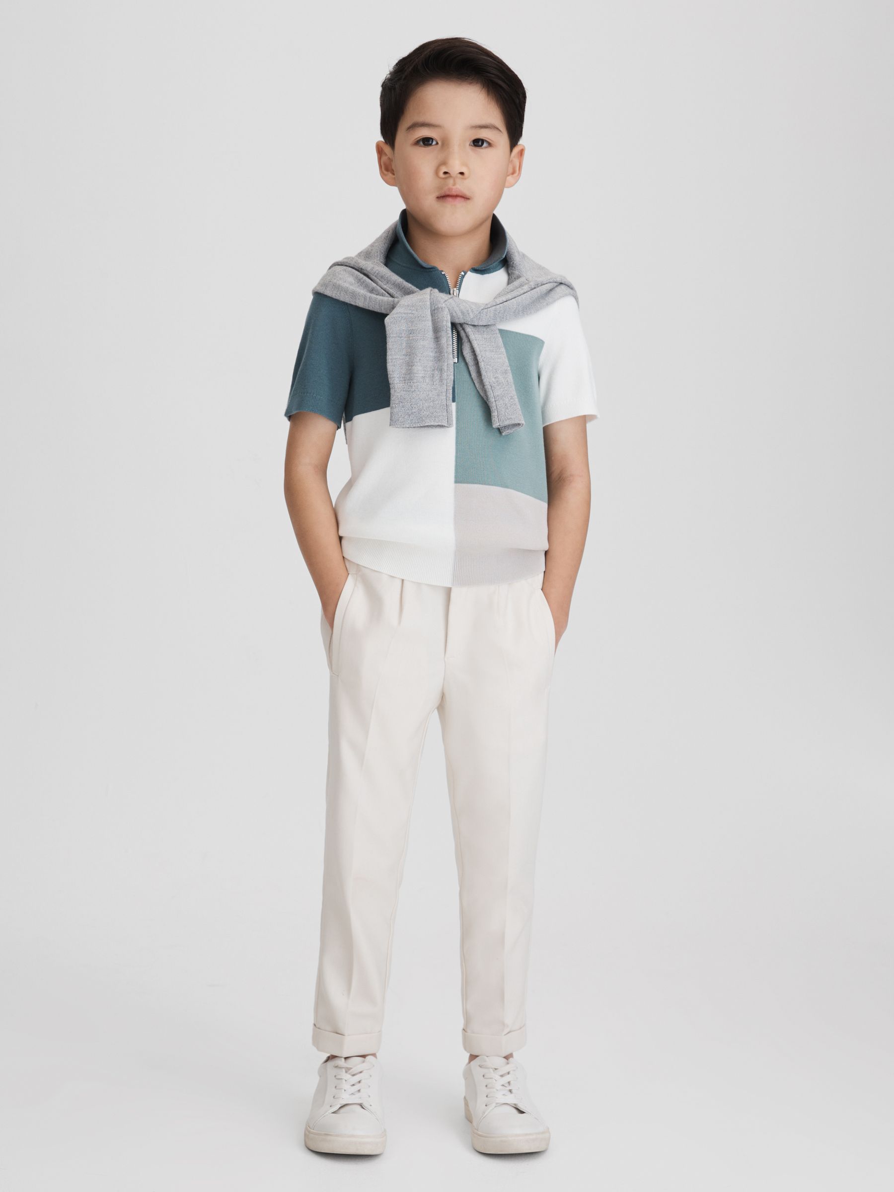 Senior Colourblock Half-Zip Polo Shirt in Sage - Image 5 of 6