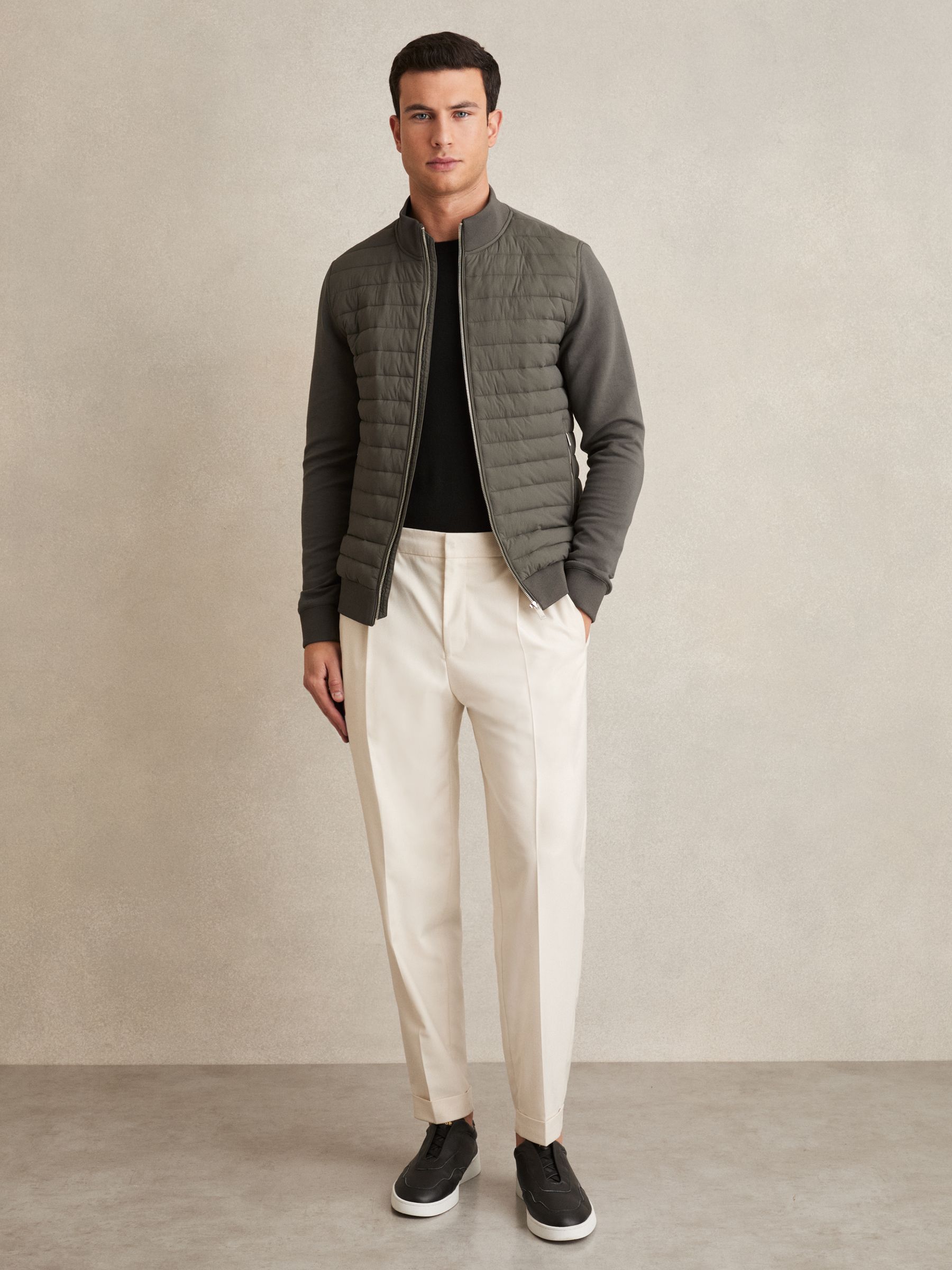 Hybrid Quilt and Interlock Jersey Zip-Through Jacket in Sage - Image 3 of 6