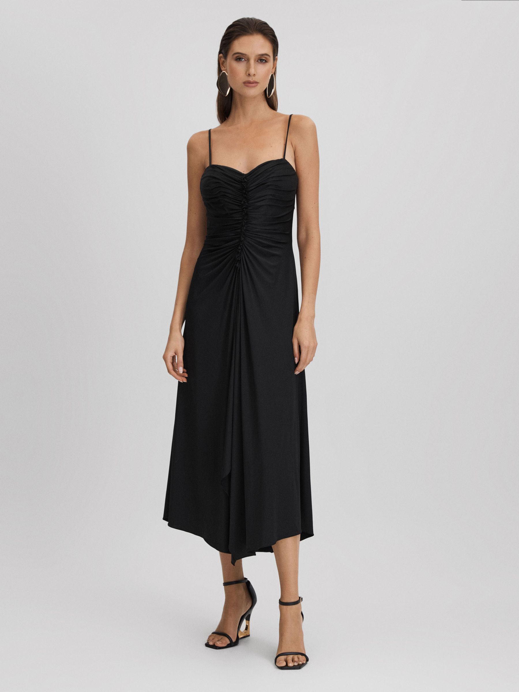Halston Ruched Jersey Midi Dress in Black - Image 1 of 6